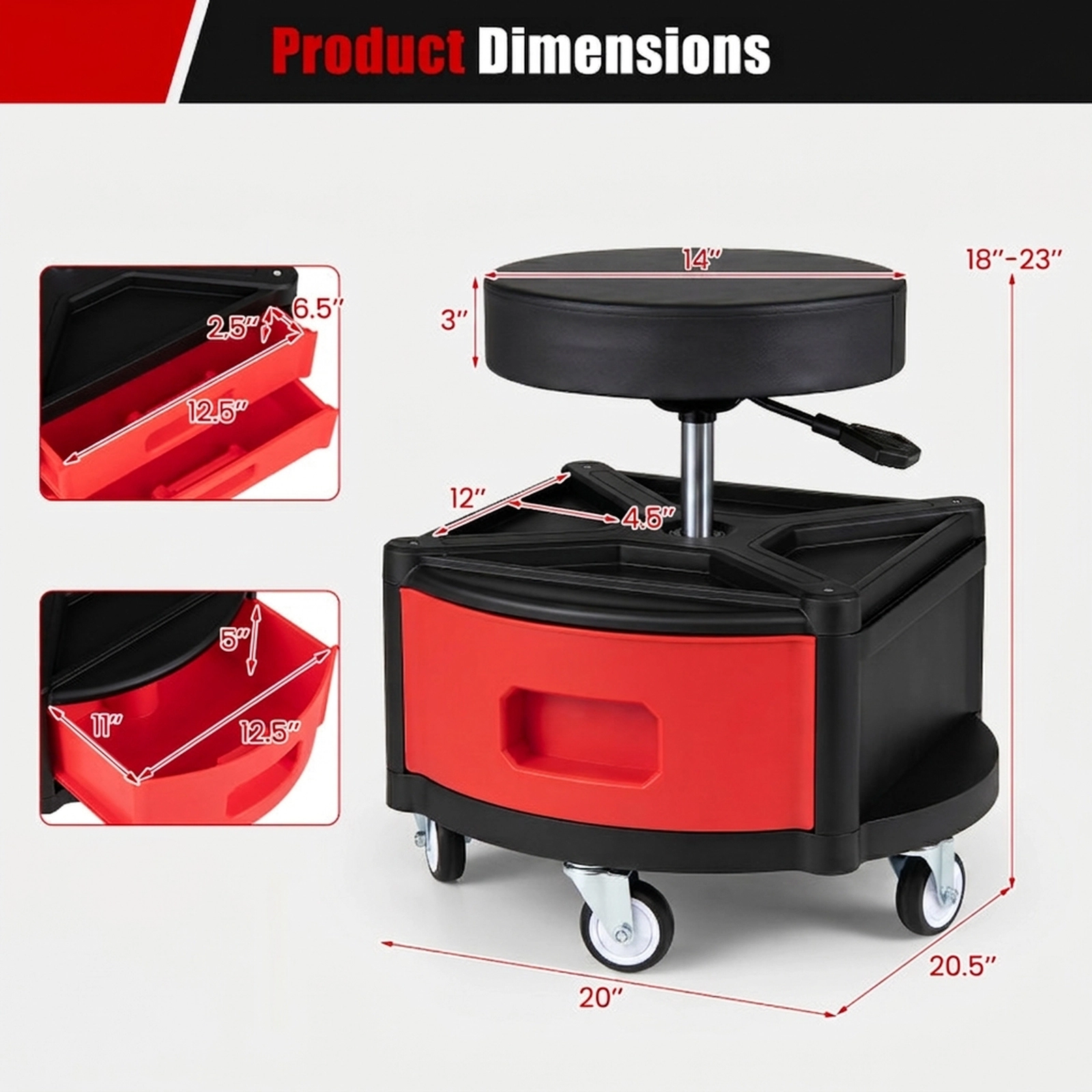 SUGIFT 330-lb Capacity Adjustable Rolling Work Stool with Dual Tool Trays 3 Drawers and 5 Wheels