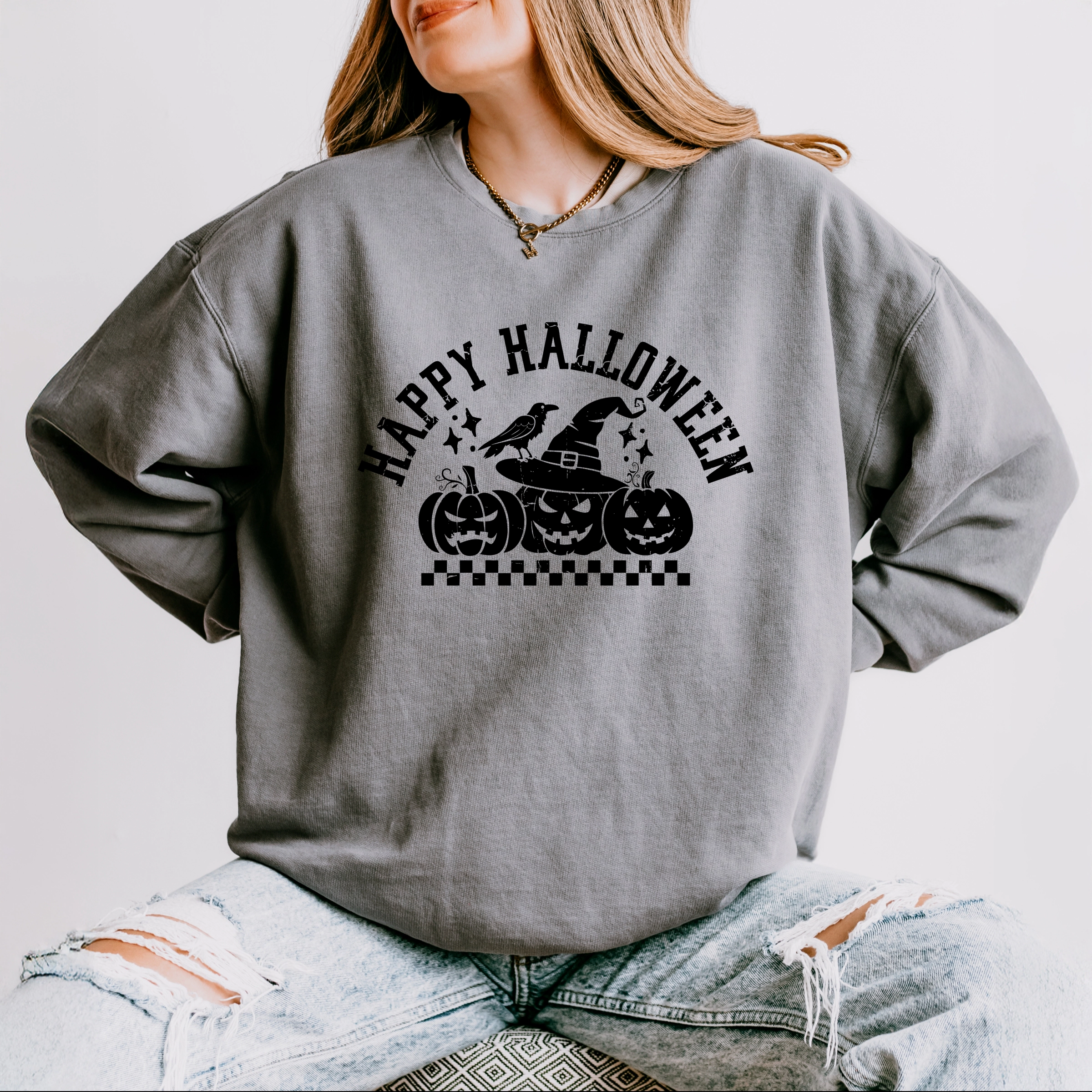 Simply Sage Market - Women's Lightweight Garment Dyed Sweatshirt Happy Halloween Arch Distressed