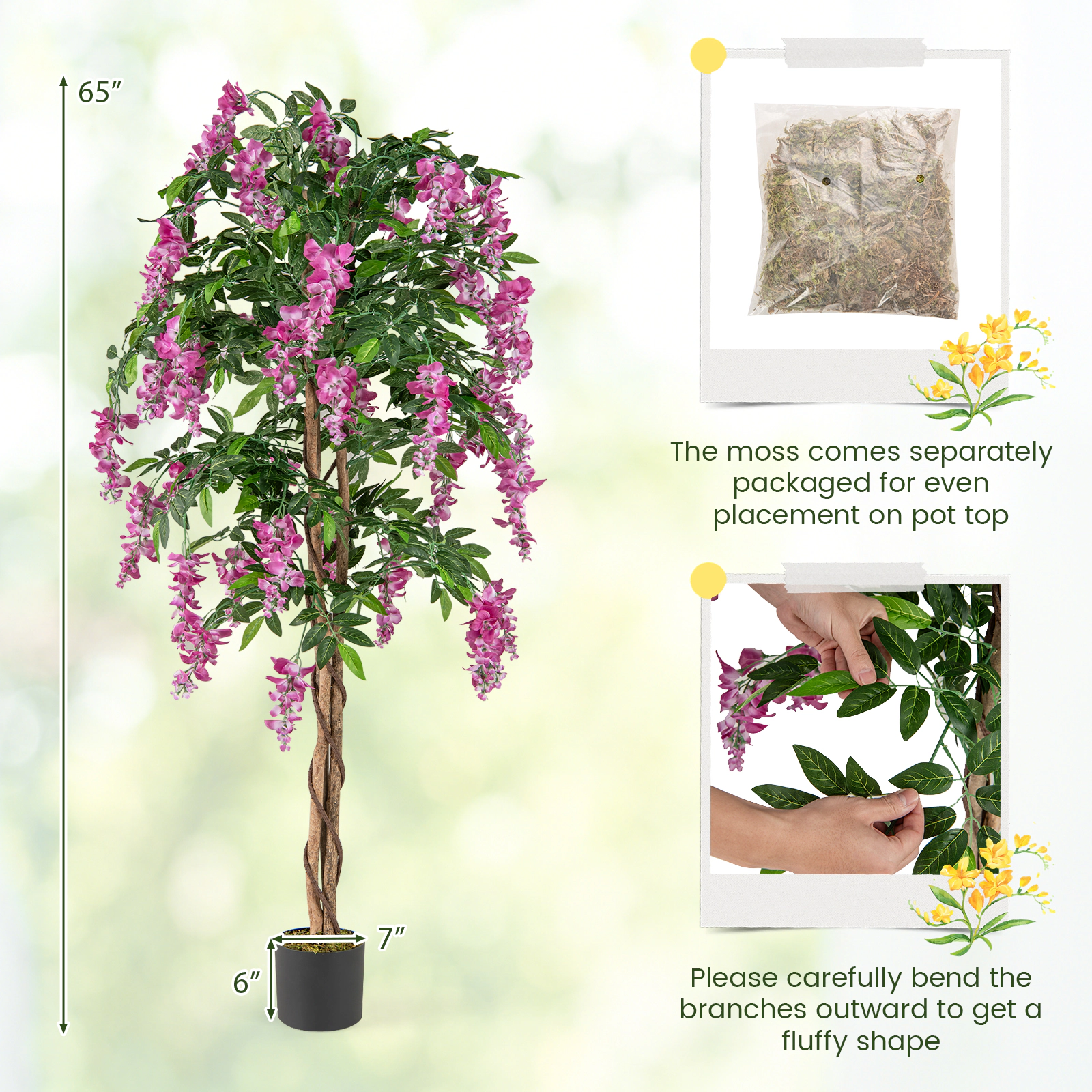 SUGIFT 65-in Artificial Wisteria Tree with Cascading Rose Red Blooms Real Wood Trunk and Cement Pot