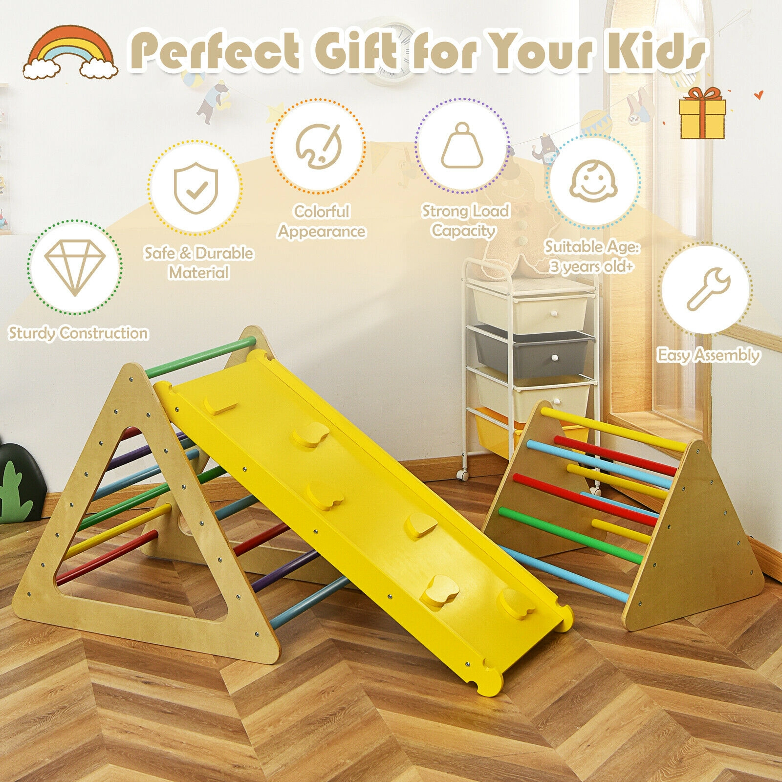 LJG Kids 3 in 1 Wooden Set of 2 Triangle Climber with Ramp for Slid