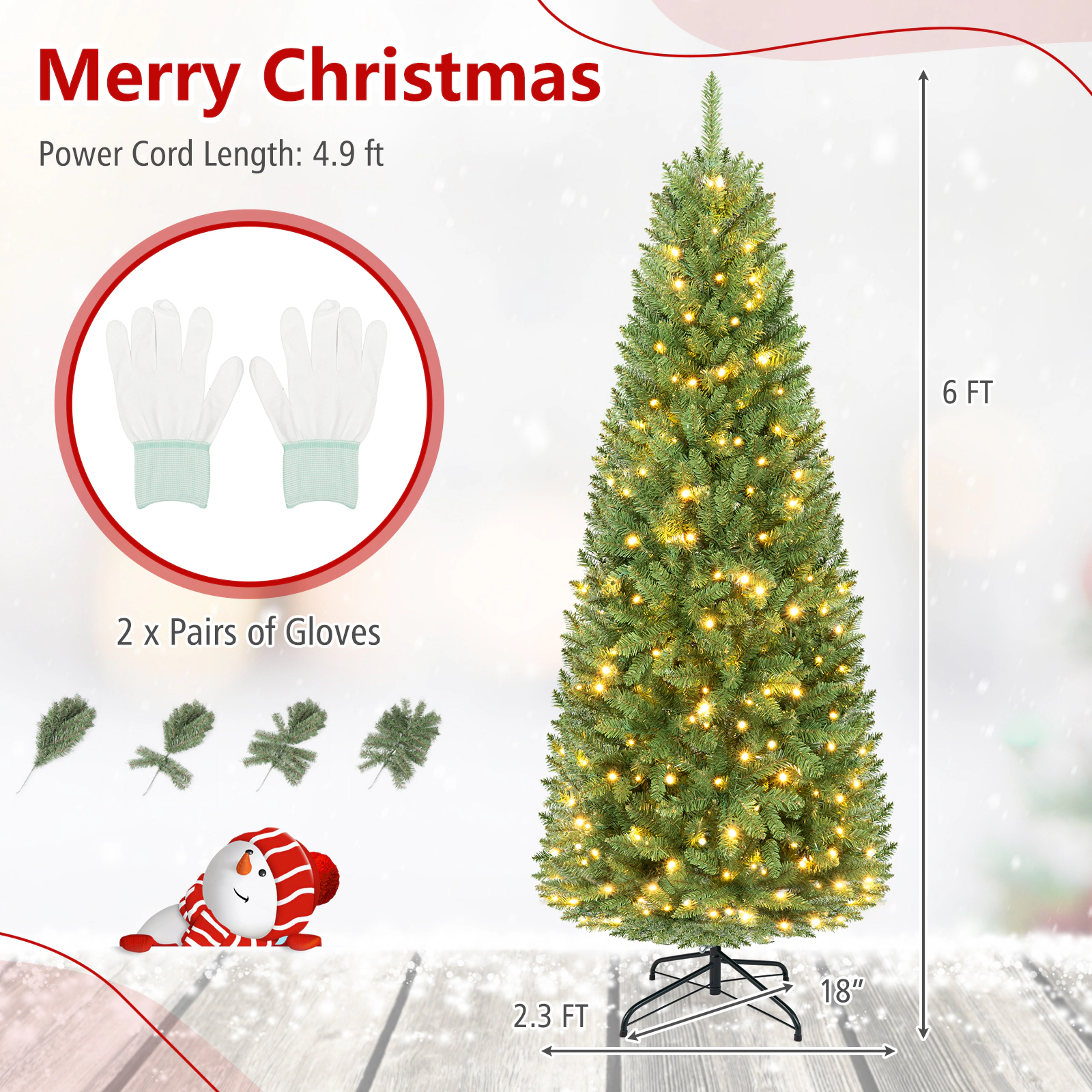 Costway 5/6/7Ft Pre-lit Artificial Pencil Christmas Tree Hinged Fir PVC Tree with 150/250/350 LED Lights