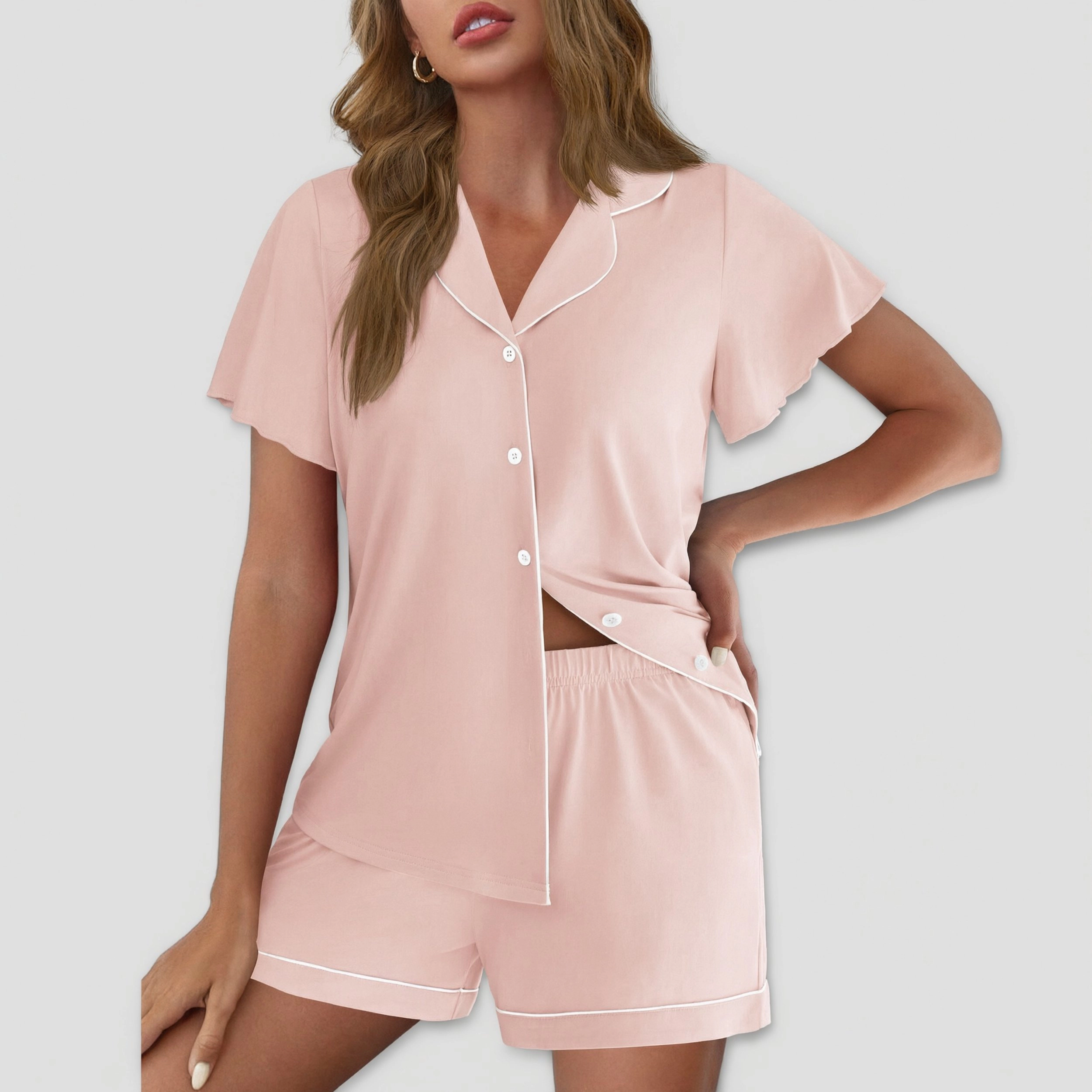Ekouaer Pajamas for Women Set Button Up Pjs Ruffle Sleeve Sleepwear Notch Collar Bride Soft Pj