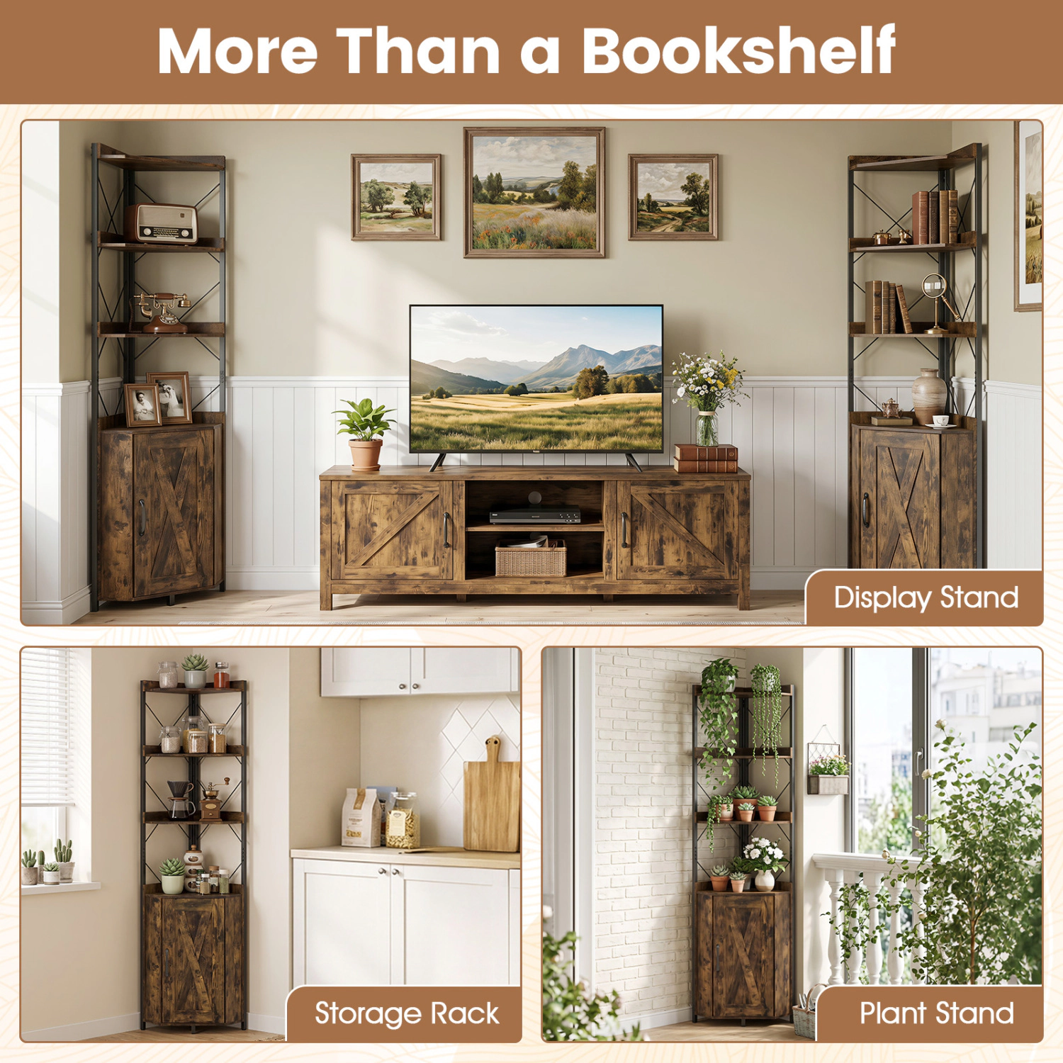 LJG Tall Corner Storage Cabinet with 3-Tier Shelf and Enclosed Cabinet