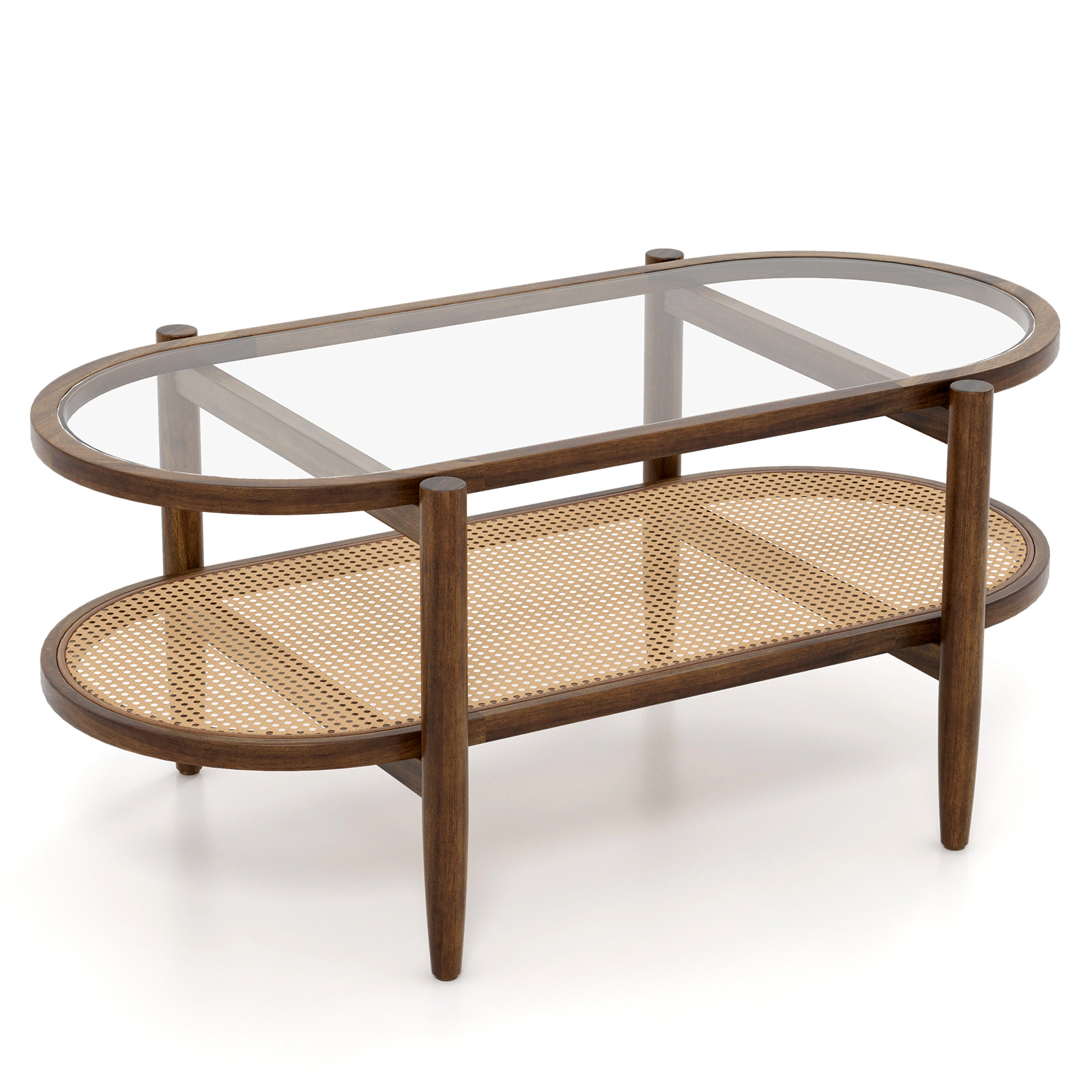 SUGIFT 2-Tier Coffee Table with Tempered Glass Tabletop and Acacia Wood Frame 176-lb Tabletop Capacity Brown/Black