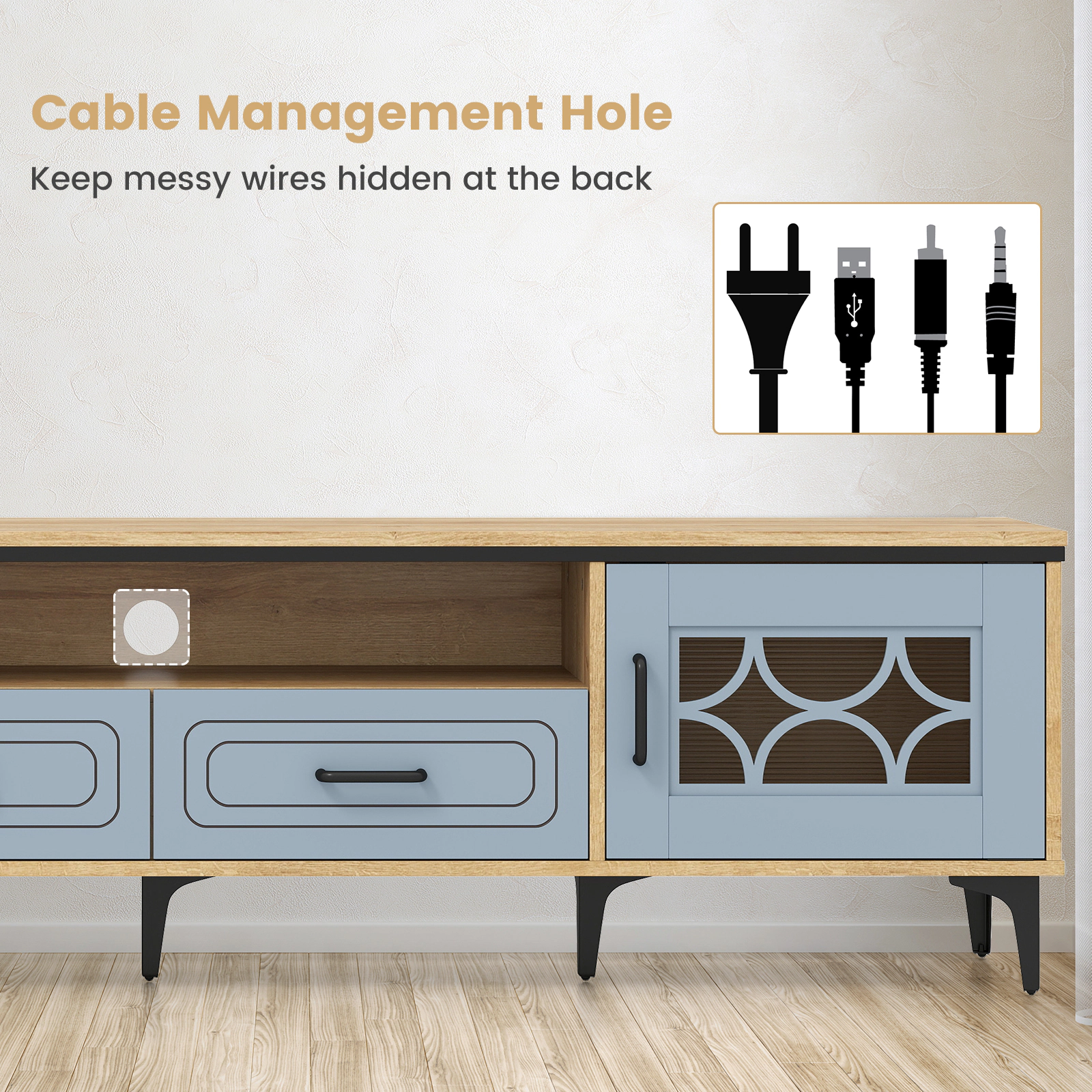 Glintex 71-Inch Farmhouse TV Stand with Transparent Doors and 2 Drawers