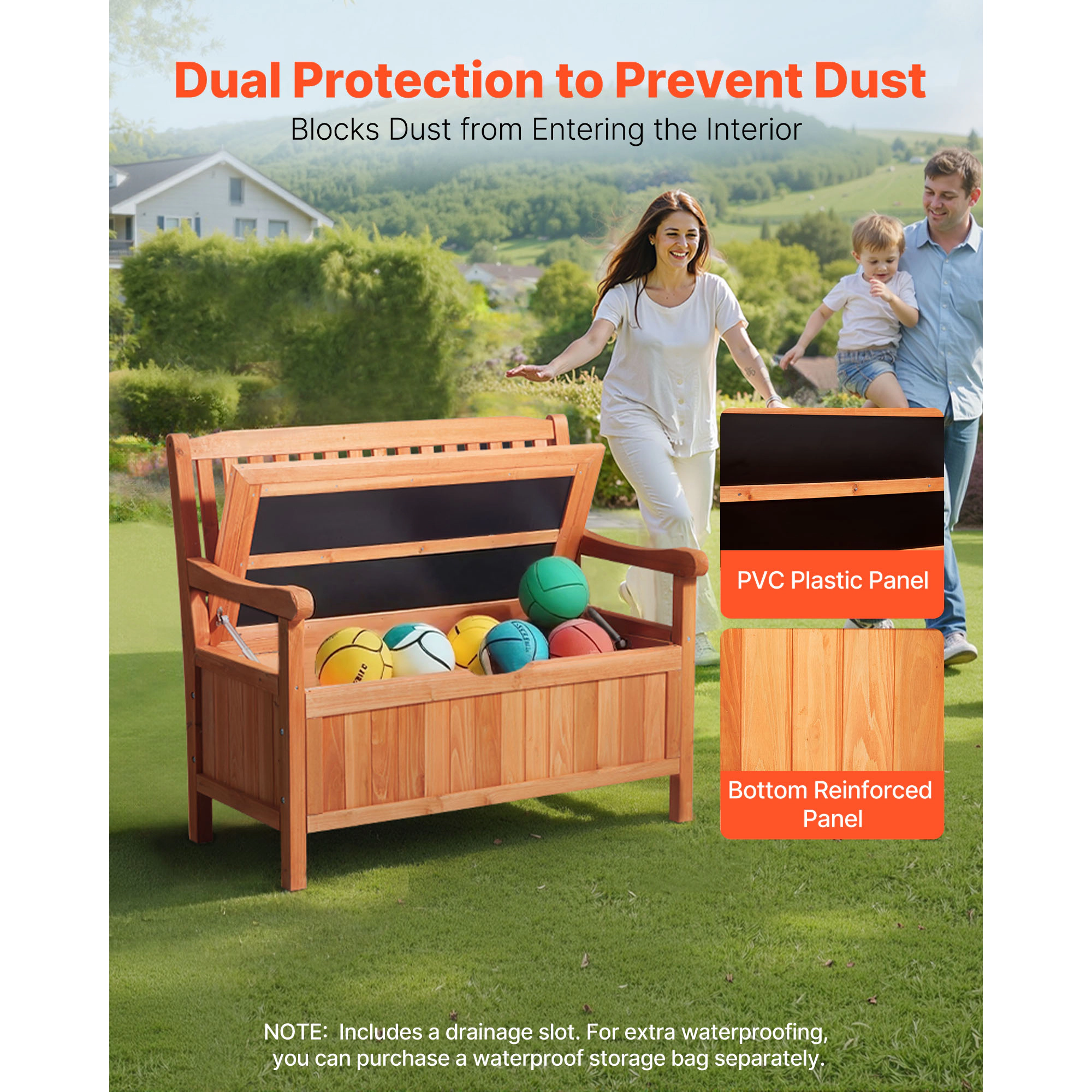 HONGGE 33 Gallon Outdoor Wood Storage Bench, 2-Person Deck Box with Side Handle, Supports 705 lbs, Natural Wood
