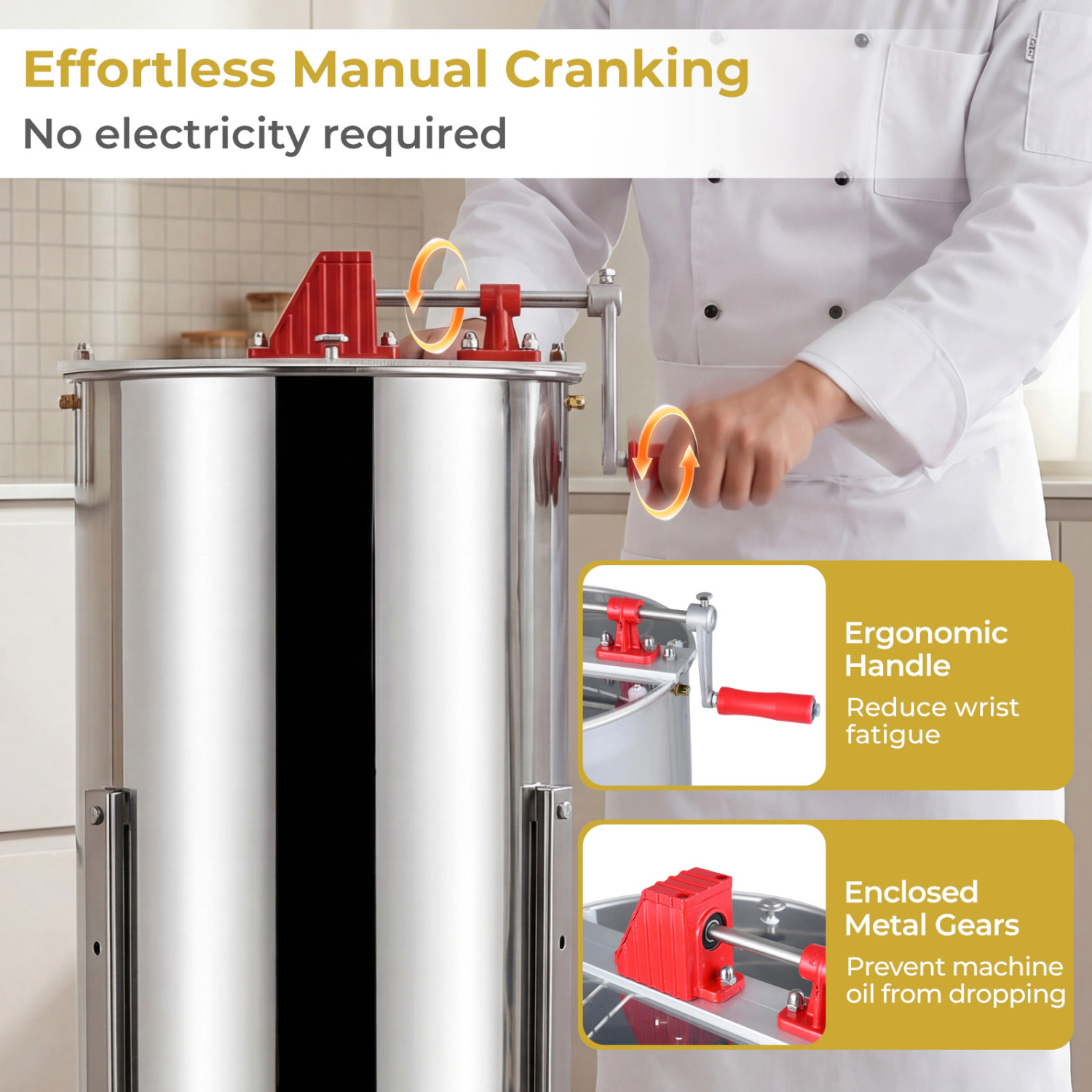 LJG 3 Frame Manual Honey Extractor with Bottom Gravity Flow Gate and Clear Lid for Home Apiary