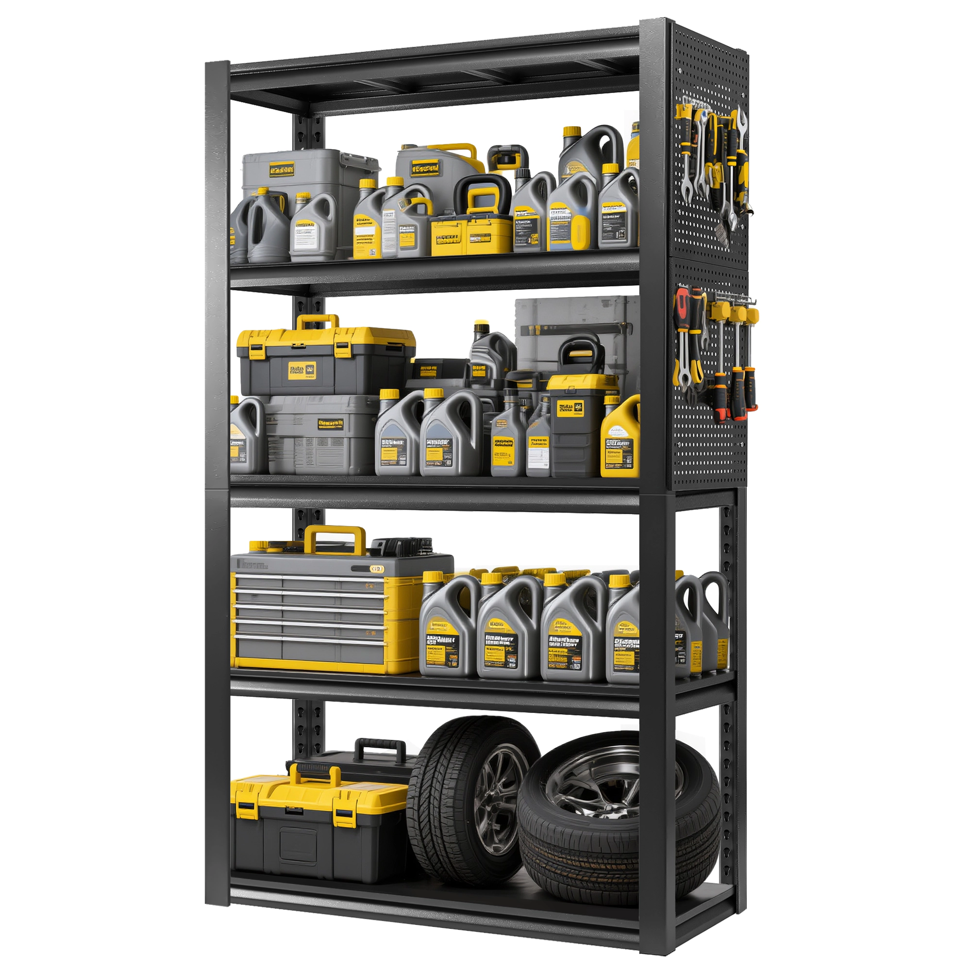 Flynama 5 Tier Black Metal Utility Shelving 47.2W x 23.6D x 72H in with Pegboard Solid Ventilated Shelves Heavy Duty