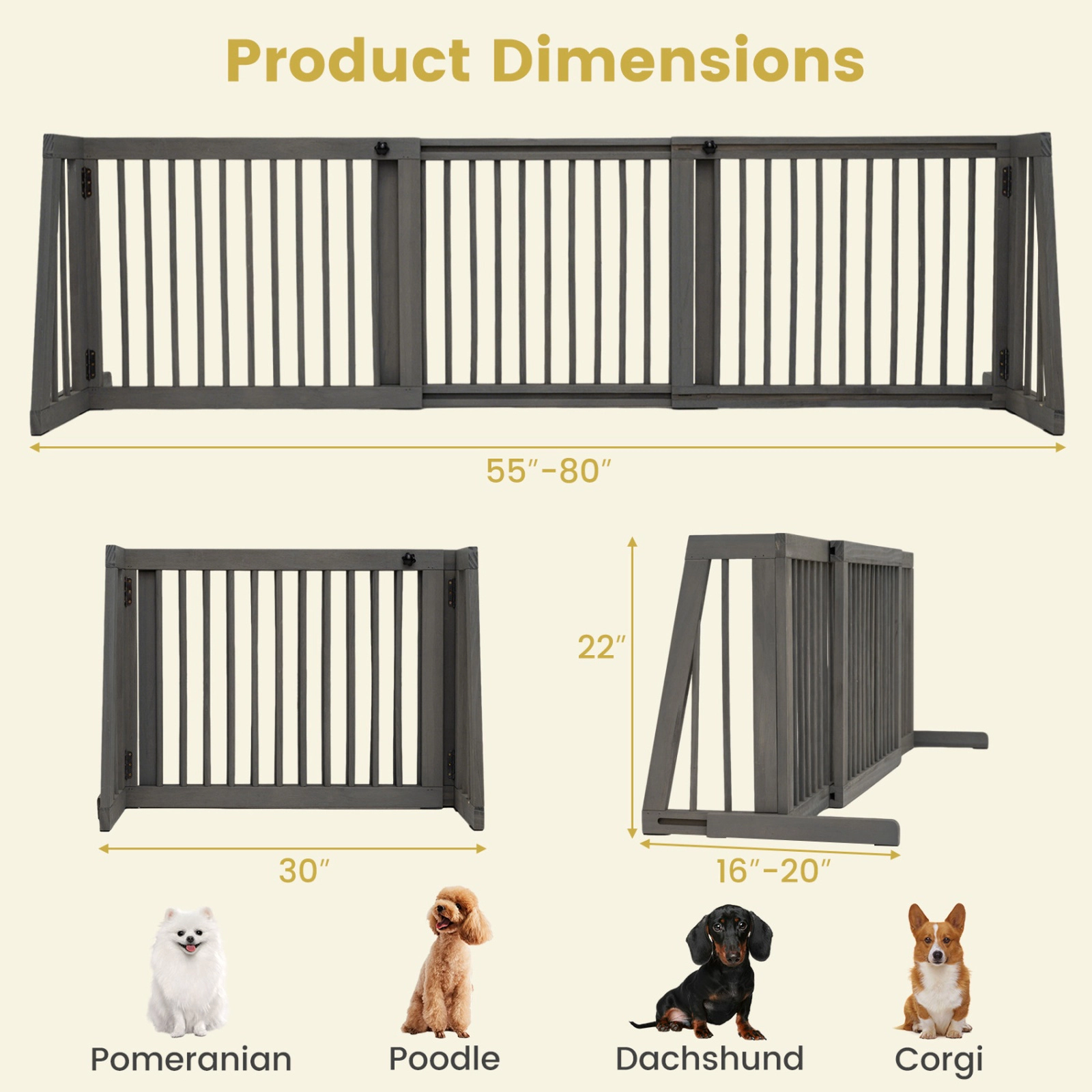 SUGIFT Folding Adjustable Free Standing 3 Panel Pine Wood Pet Gate 80-in Wide 22-in Tall Brown/Gray