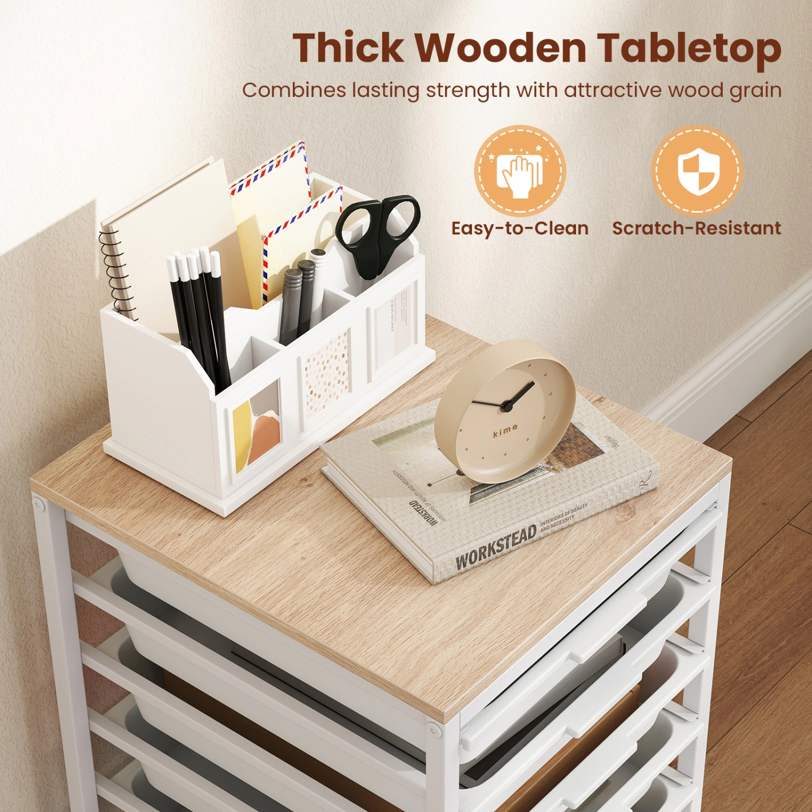 SUGIFT 6-Drawer Rolling Storage Cart with MDF Wooden Tabletop 35-lb Capacity Natural + White