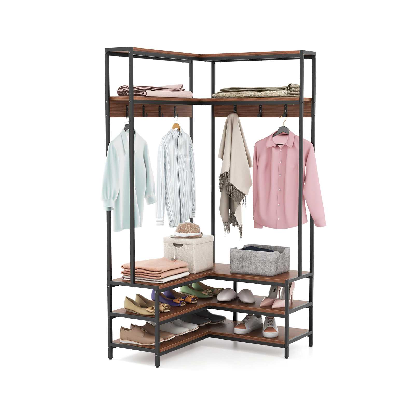 SUGIFT L-Shaped Open Shelves 7 Hooks Corner Garment Rack Shoe Bench 35.5-in x 35.5-in x 70-in 200-lb Capacity Walnut