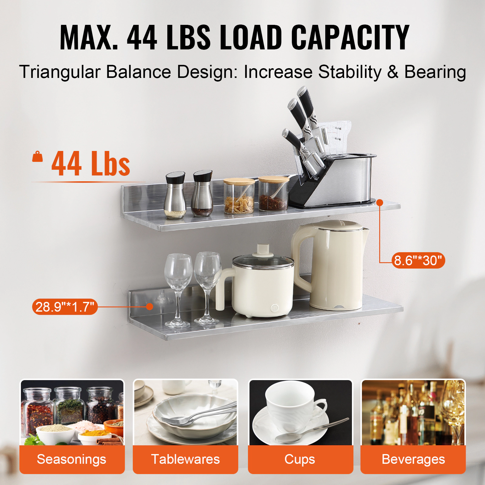 HONGGE Stainless Steel Floating Wall Shelf, Set of 2, 8.6 x 30 Inch with Backsplash, Holds 44 lbs