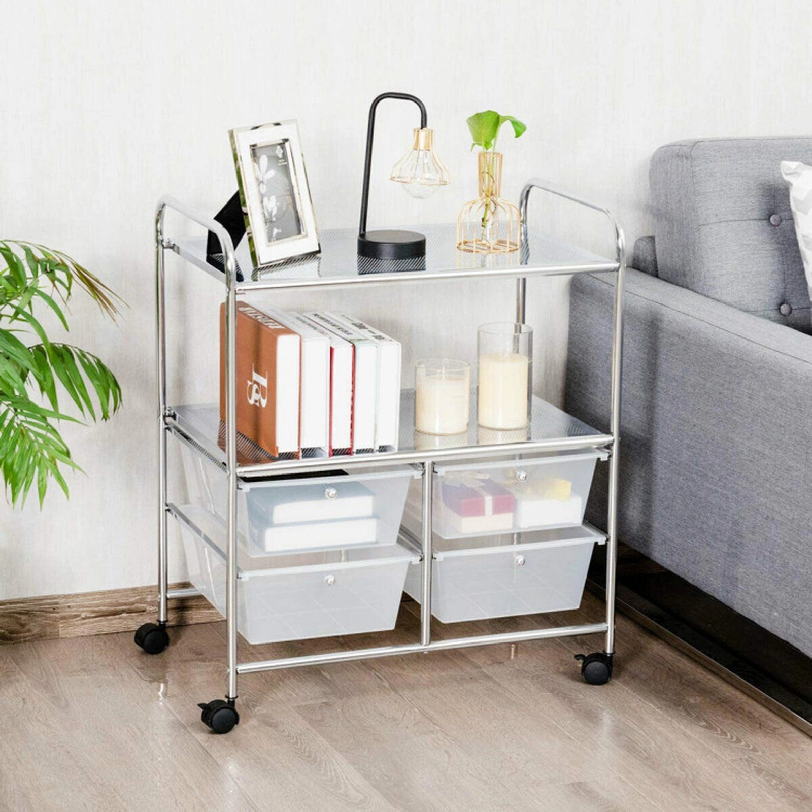SUGIFT 4-Drawer Rolling Storage Cart with 2 Open Shelves 33-lb Capacity 25 x 14.5 x 29.5 in Clear