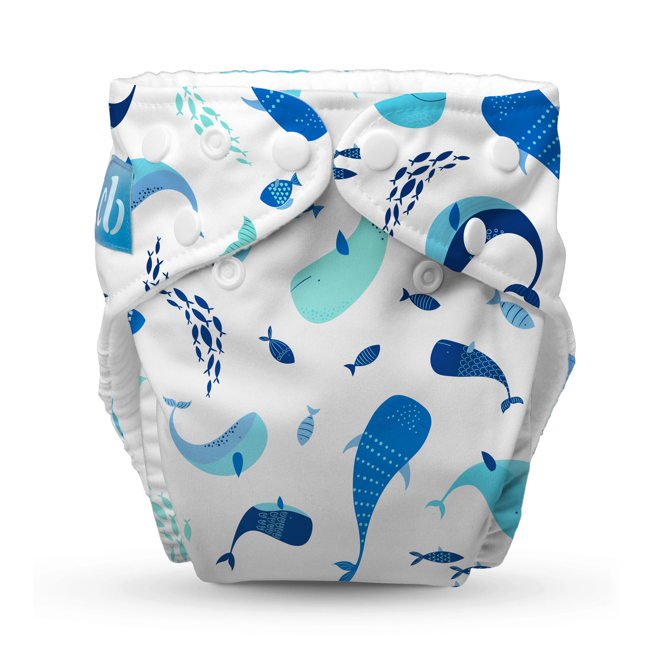 Charlie Banana One-Size Reusable Cloth Diaper with Fleece and Deluxe Insert - The Whale on White