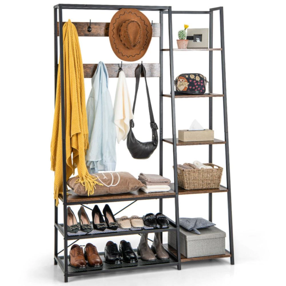 Hivvago 5-in-1 Entryway Hall Tree with Storage Bench with 9 Hooks-Rustic Brown