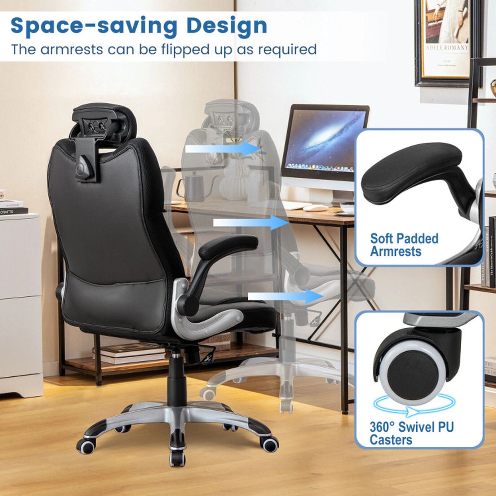 SUGIFT Kneading Massage Office Chair with Adjustable Headrest 29 x 30.5 x 47-51 in 22 x 22 in Seat 300-lb Capacity Black