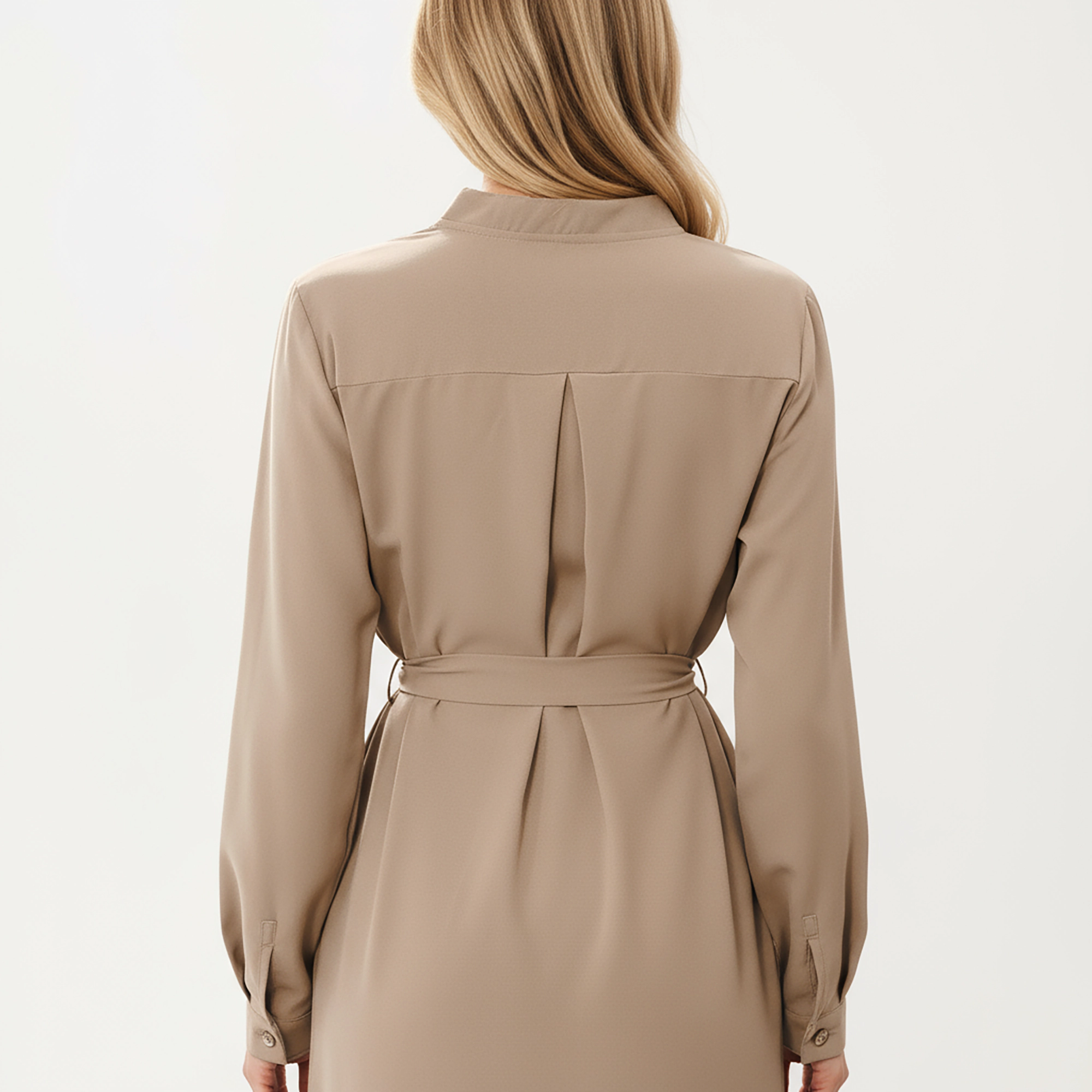 Anna-Kaci Women's Button Front Soft Drape Tie Waist Detail Smooth Structured Collarless Neckline Finish Dress