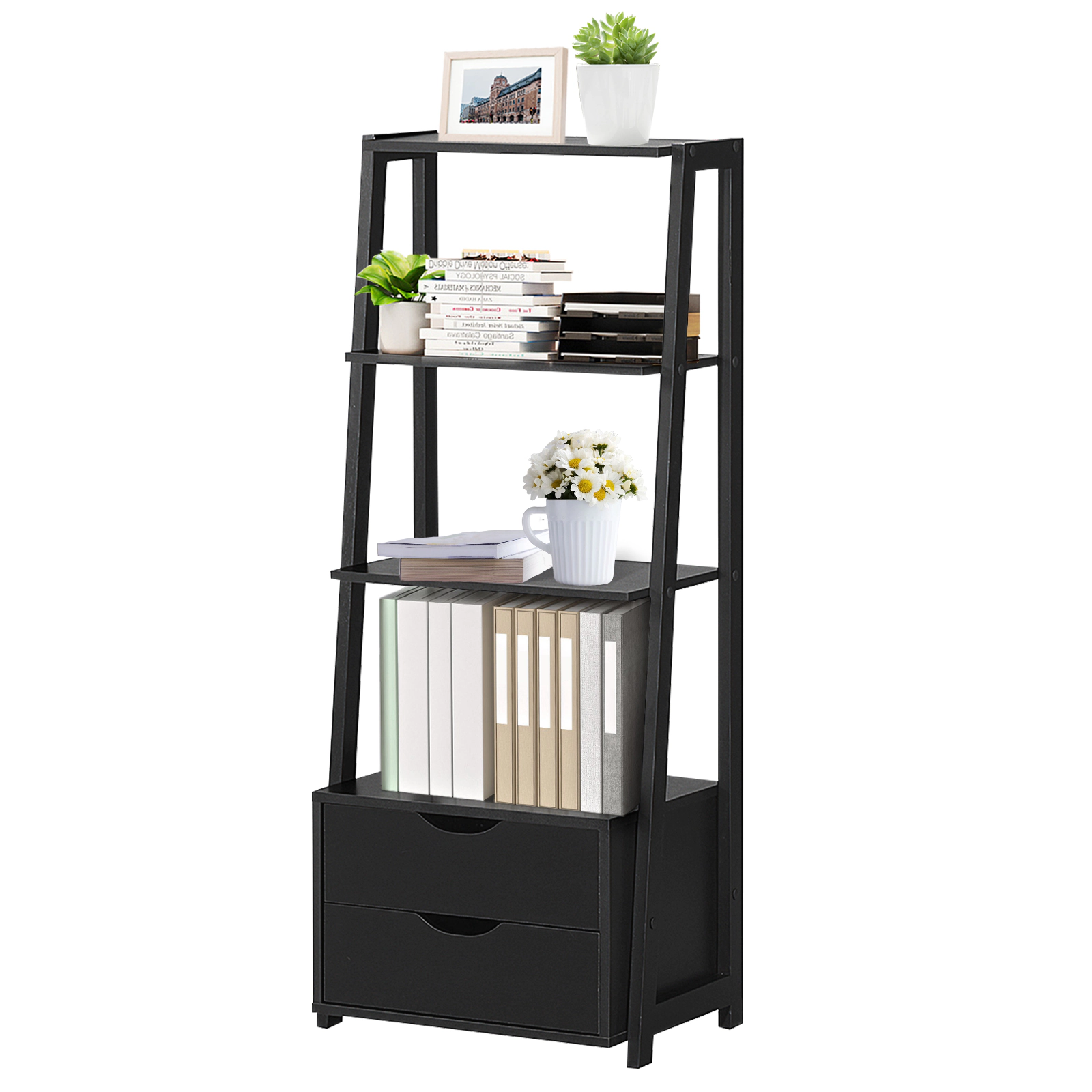 LJG 4-Tier Ladder Bookshelf Storage Display with Drawers