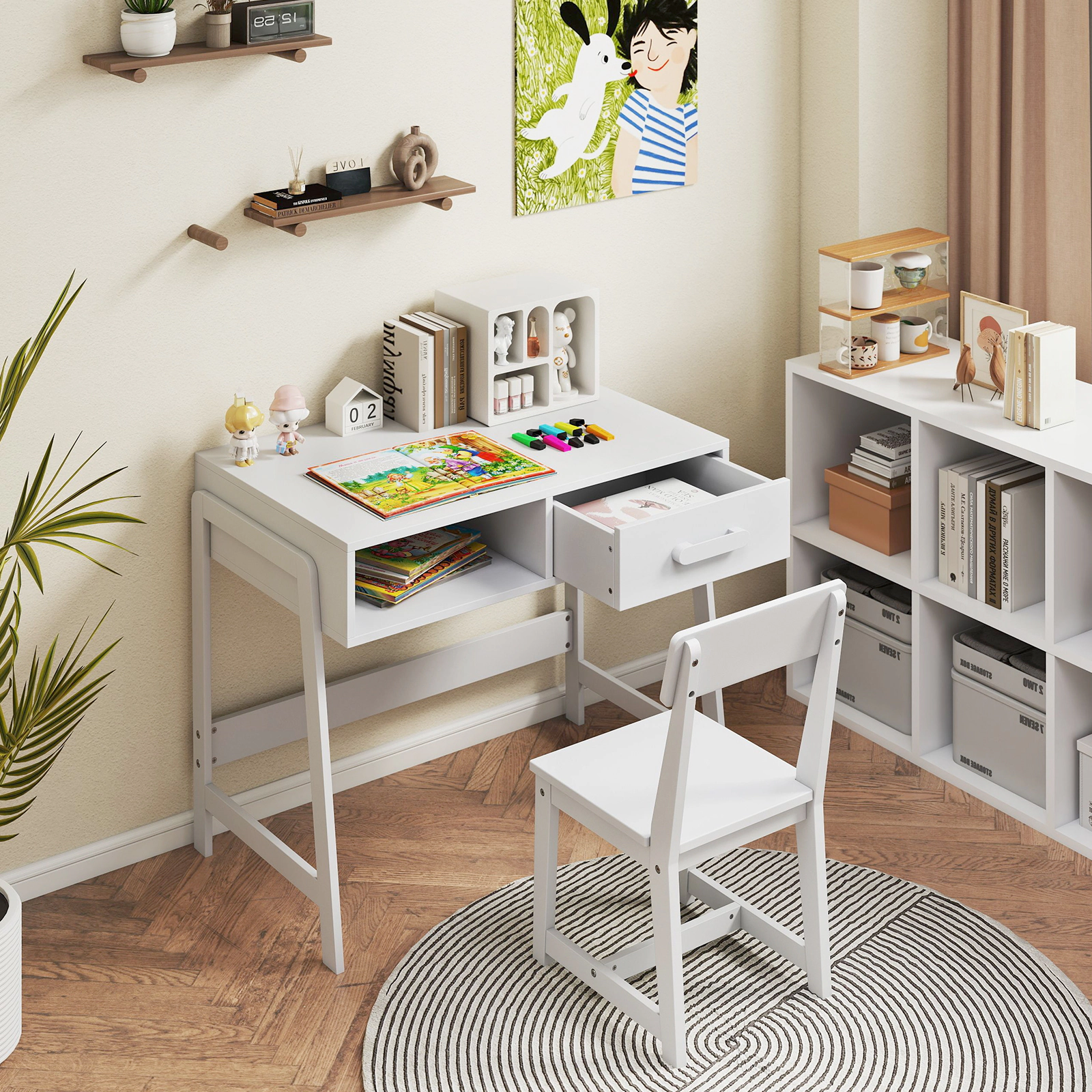 SUGIFT Kids Desk and Chair Set, White Study Desk with Hutch and Storage Drawer