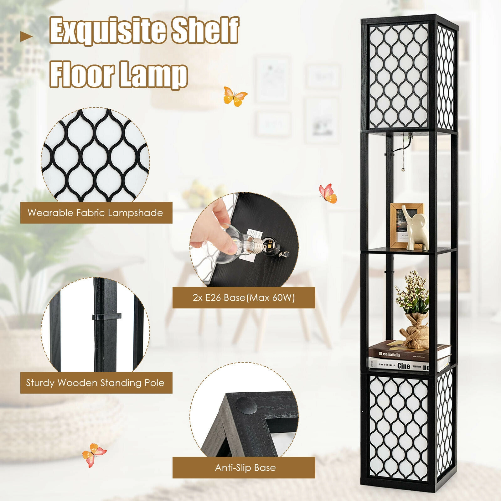 SUGIFT 2-Light 2-Tier Shelf Pull Chain Foot Switch Floor Lamp 10-in x 10-in x 62-in 60W Max E26 Bulbs Black