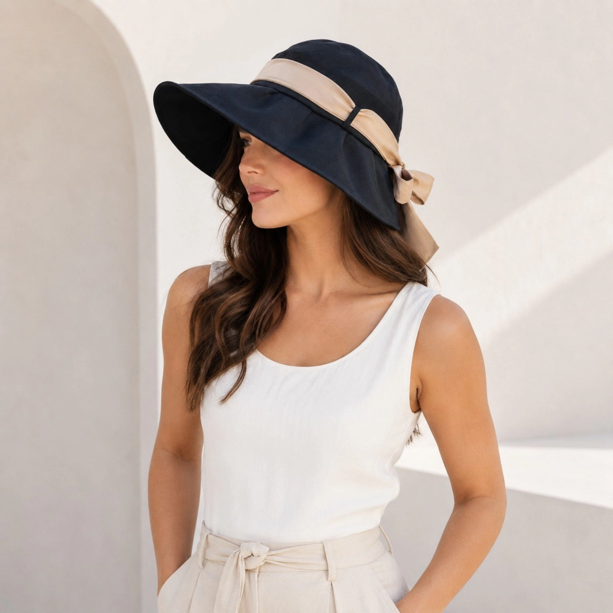 Anna-Kaci Women's Wide Brim Floppy Sun Hat with Contrast Bow Band and Structured Crown