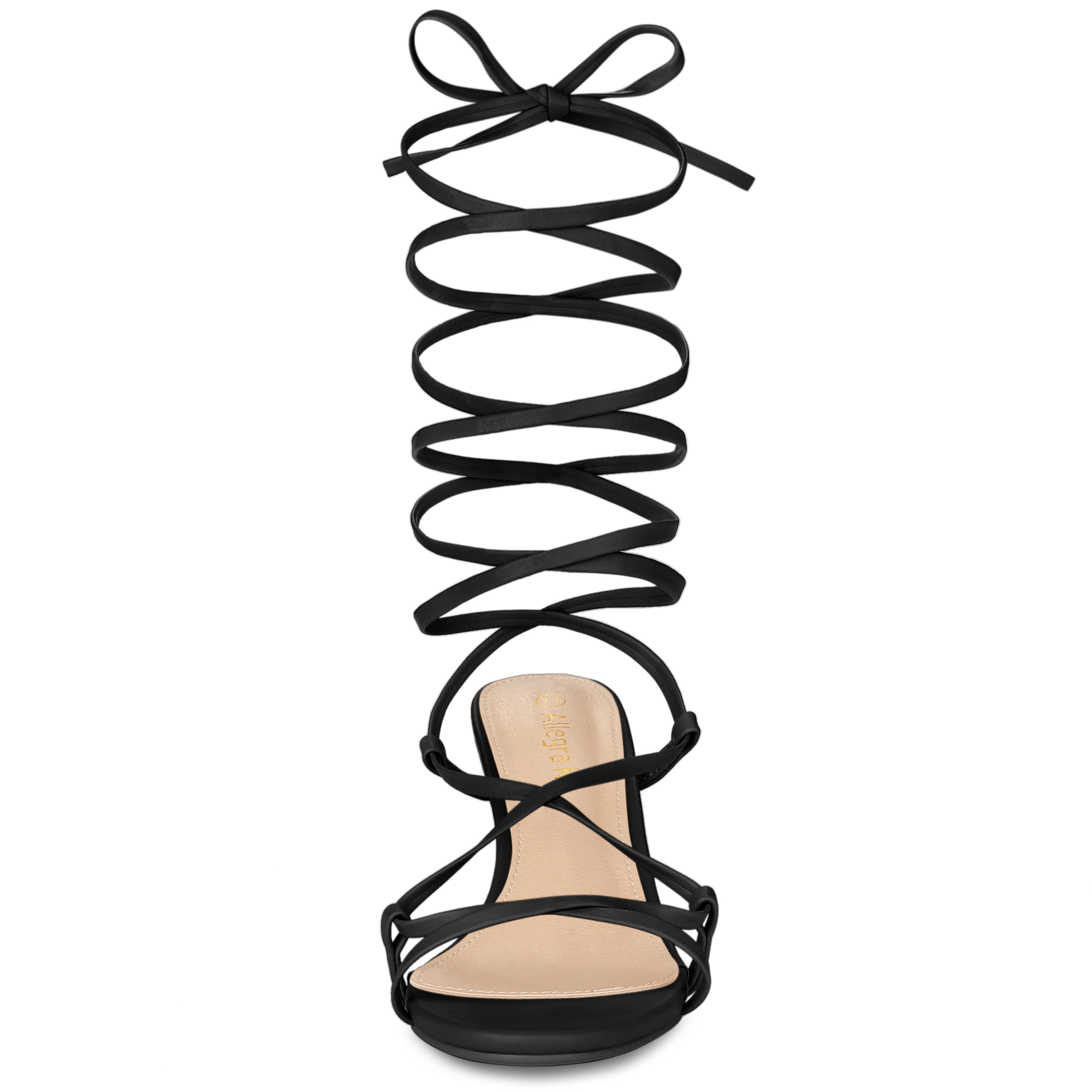 BLISSFUL STEP Women's Faux Leather Strappy Lace Up Open Toe Kitten Heels Sandals