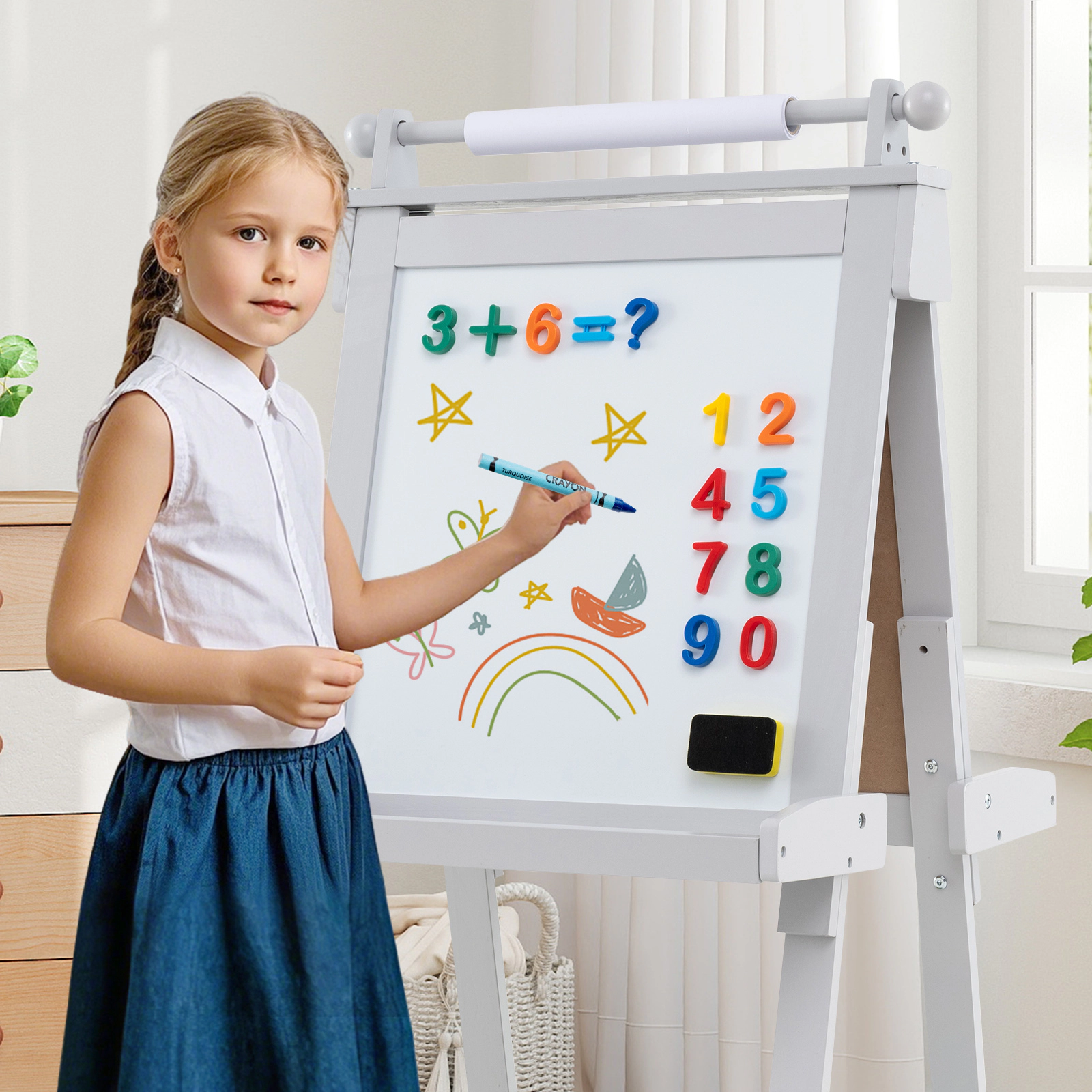 SUGIFT 3-in-1 Double-sided Kids Art Easel with Chalkboard and Magnetic Whiteboard 33-lb Tool Tray Capacity 3+ Years Gray