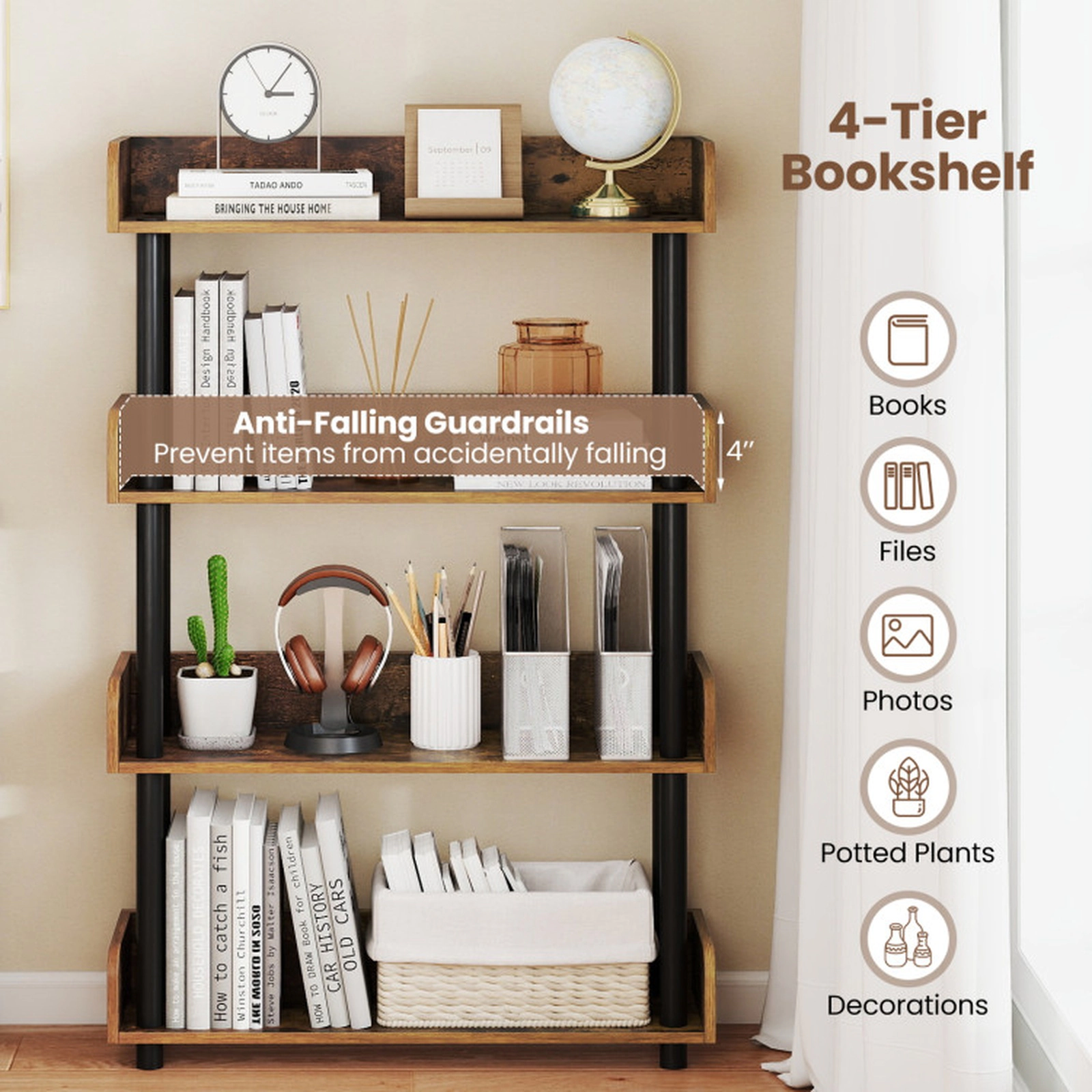 SUGIFT 4-Tier Open Bookshelf with Guardrails and Anti-Tipping Kit Bookcase 33-lb Per Shelf Capacity Rustic Brown & Black