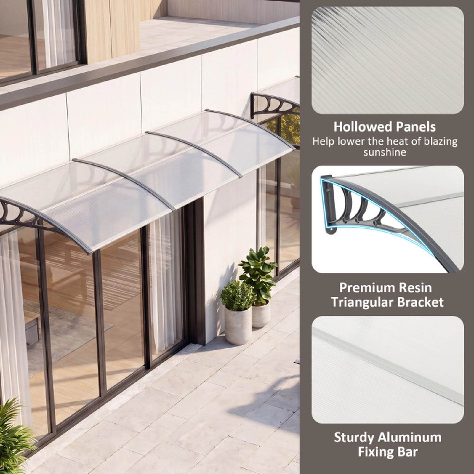SUGIFT 39 x 30 in Polycarbonate Outdoor Front Door and Window Awning Canopy 44-lb Capacity Gray