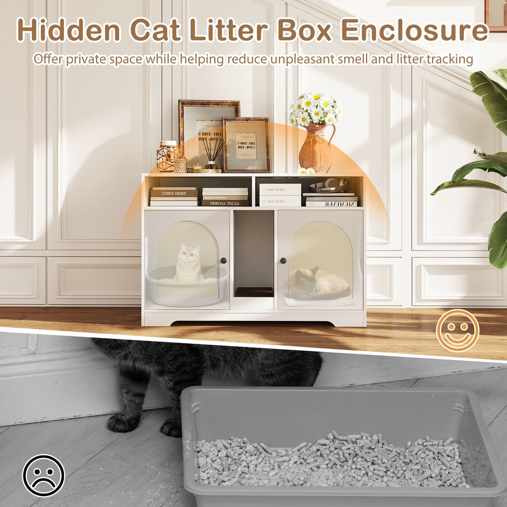 SUGIFT 43-in Wide Cat Litter Box Enclosure Cabinet with Double Rooms Scratching Board Storage Shelves White