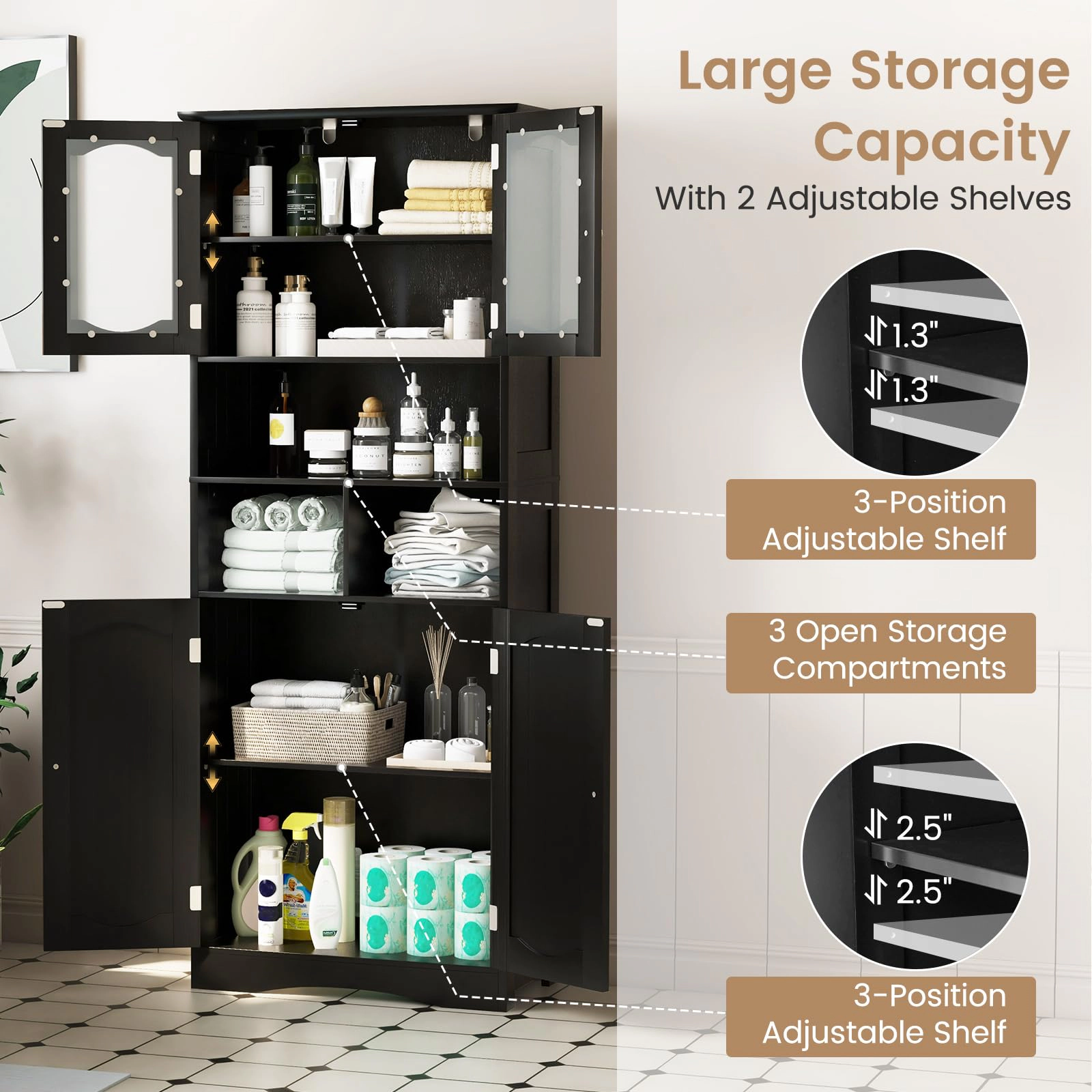 Glintex 58.5-Inch Linen Cabinet with Frosted Glass Doors and 3 Open Bays