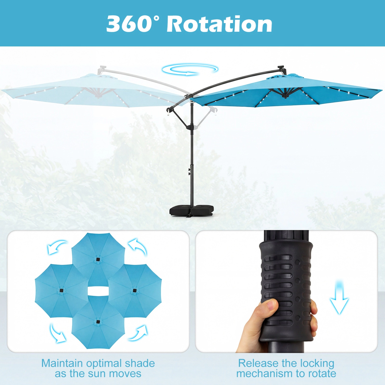 SUGIFT 10-ft Gray Solar LED Offset Cantilever Patio Umbrella with Weighted Cross Base 6.2-ft Rim Height