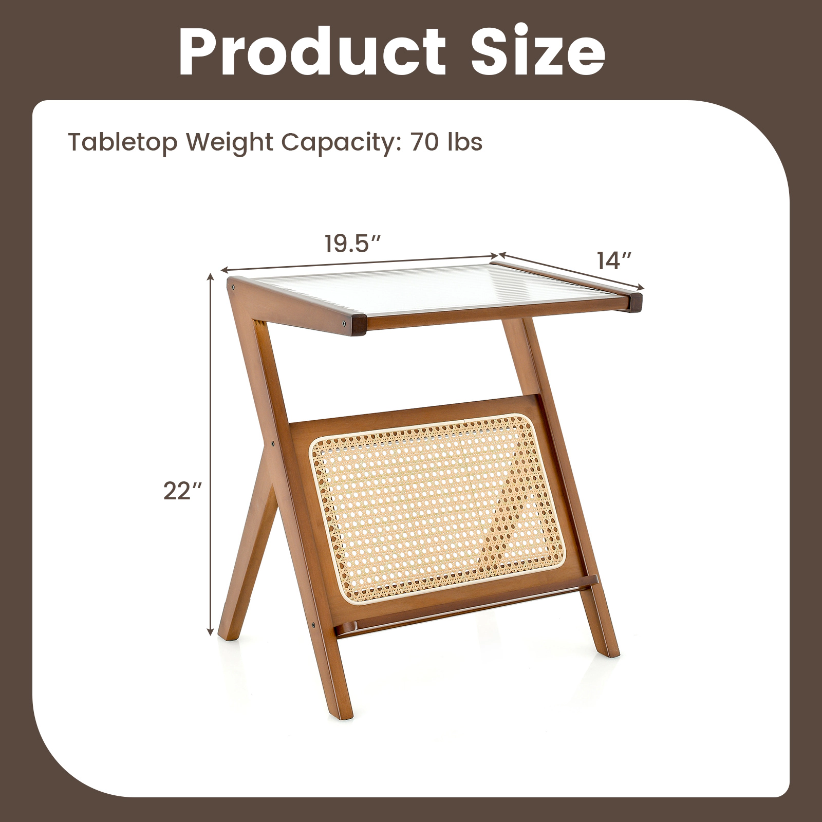 Glintex Boho End Table with Tempered Glass Top Rattan Trim and Bamboo Z-Frame