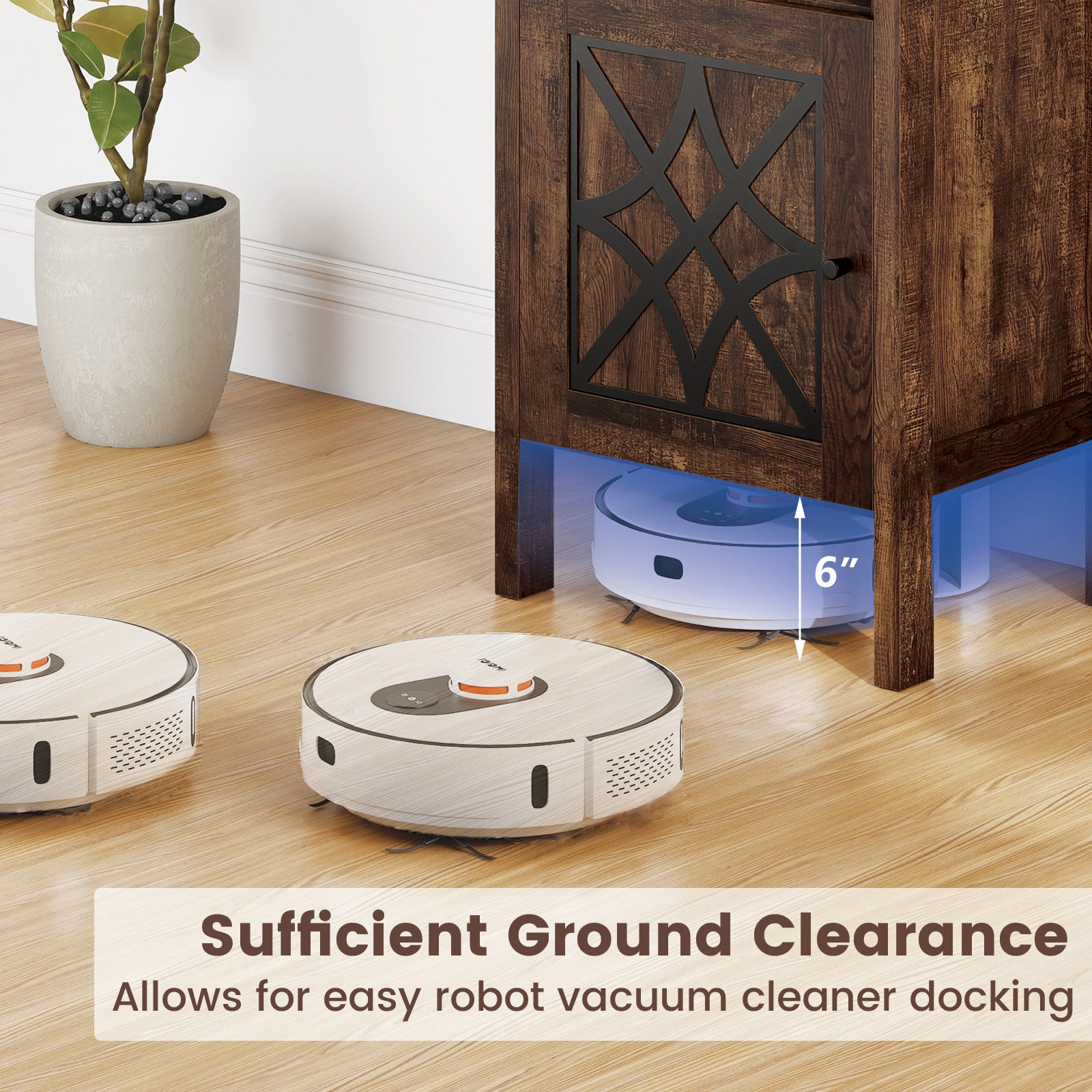 SUGIFT Robot Vacuum Storage Cabinet with Door and Open Shelf 165-lb Capacity Dark Brown/Dark Gray