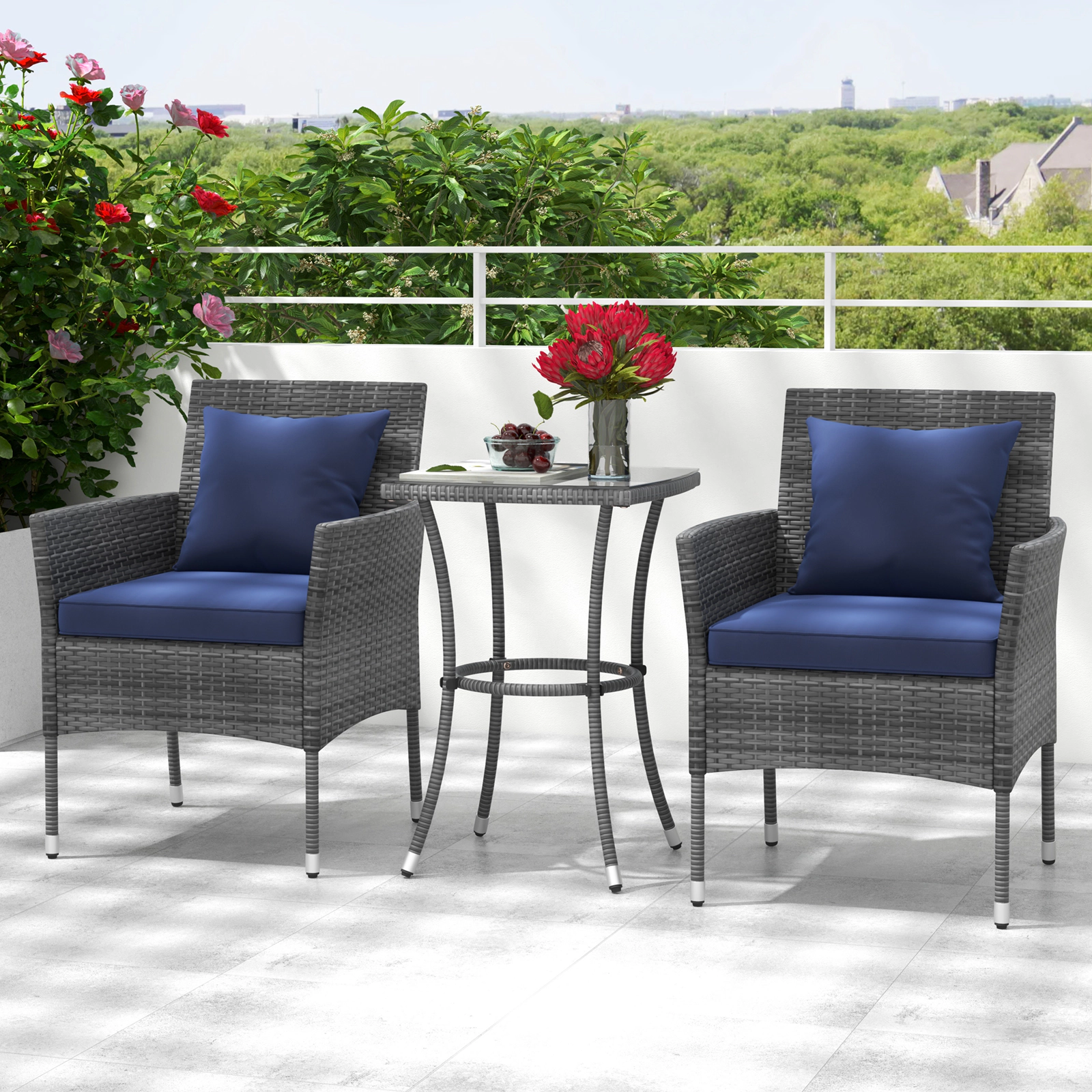 SUGIFT Navy Cushions and Tempered Glass Side Table 3-Piece Patio Rattan Chair Set