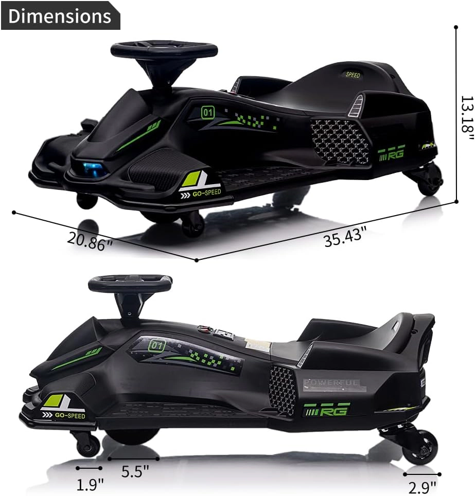 12V Kids Drift Car, Electric Go-Kart w/45W Motor, 5 MPH Variable Speed, Music, LED Lights, USB, Safety Alarm