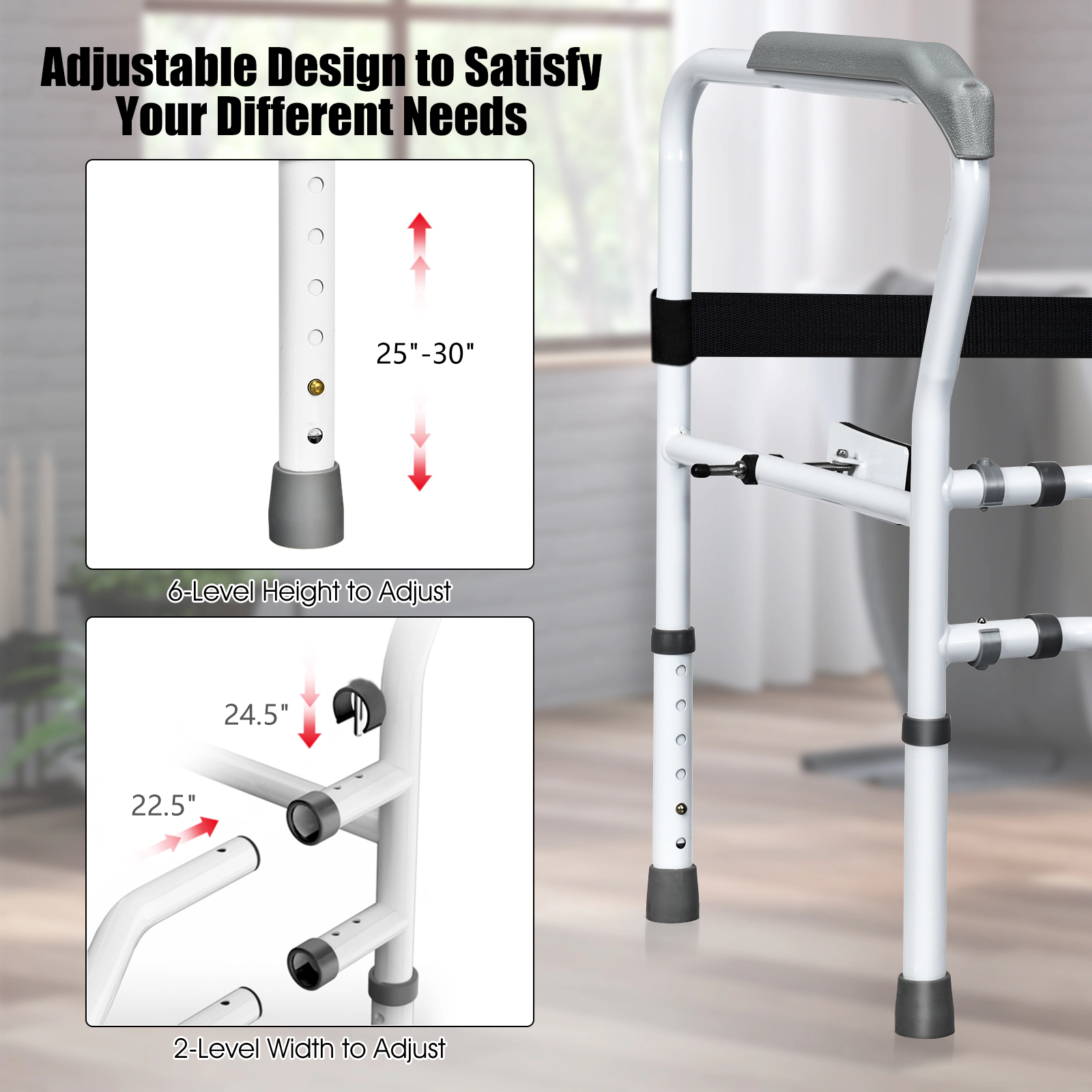 SUGIFT Adjustable Steel Toilet Safety Rail with Fixable Clip 300-lb Capacity White Gray