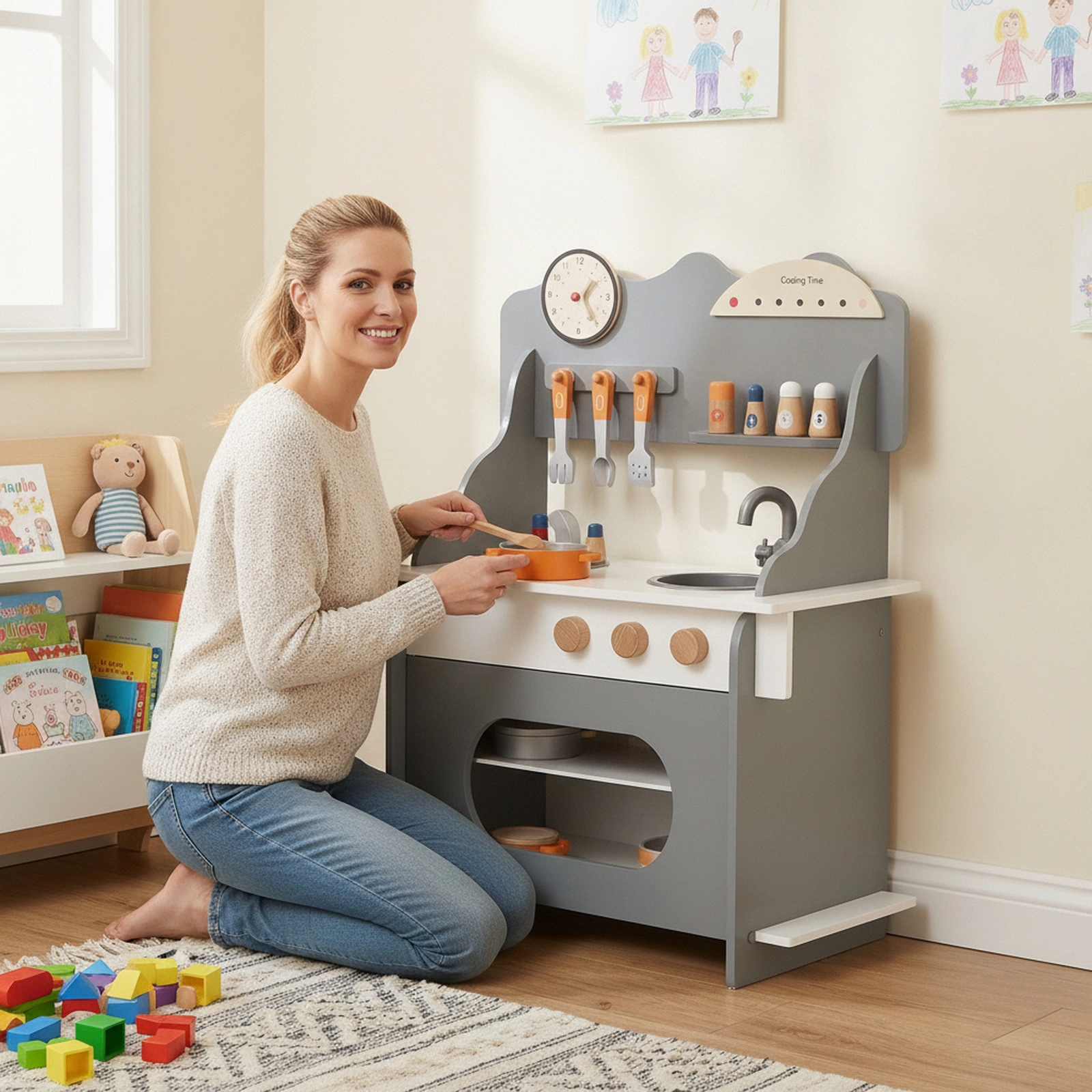 Wooden Play Kitchen for Toddlers with Learning Clock Anti-Tip Kit and 14-in Counter 20.5-in x 11.5-in x 28-in Gray
