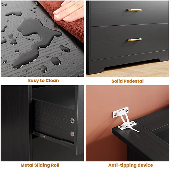 BebreezChic 5-Drawer LED Dresser with Charging Station,BLACK