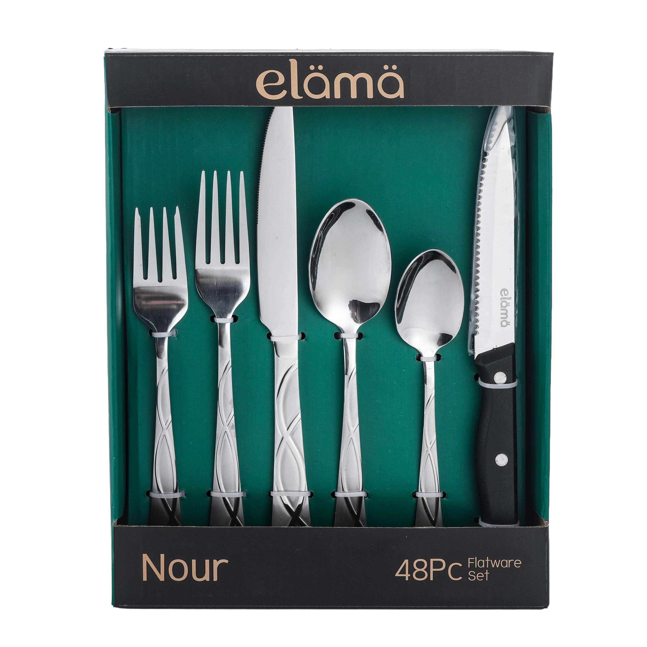 Elama Nour 48 Piece Mirror Polished + Sand Blasted Stainless Steel Flatware Set with Steak Knives