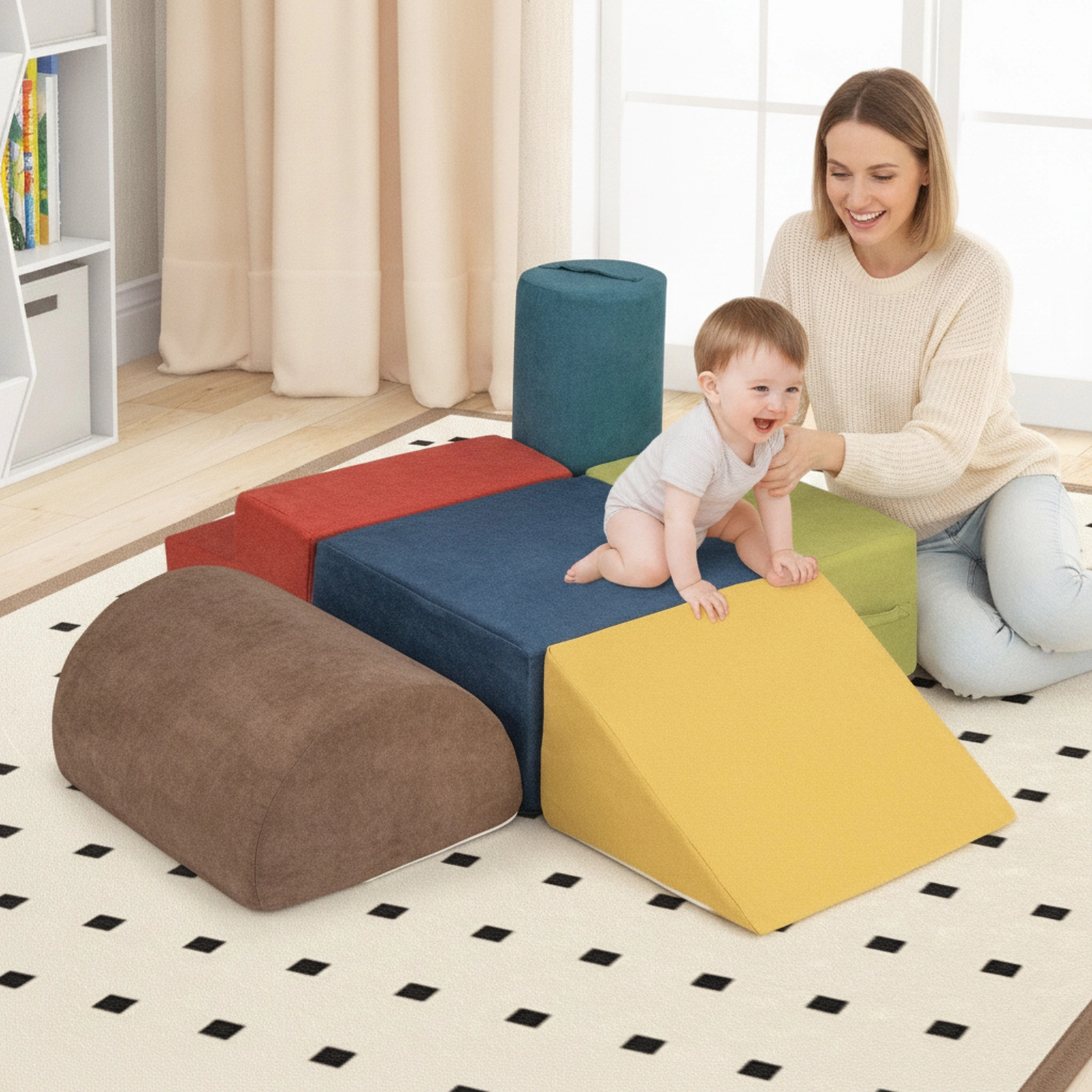 6-Piece Baby Climbing Blocks Soft Foam Play Set Machine-Washable Chenille Covers Hidden Zippers Ages 1-3 Multicolor