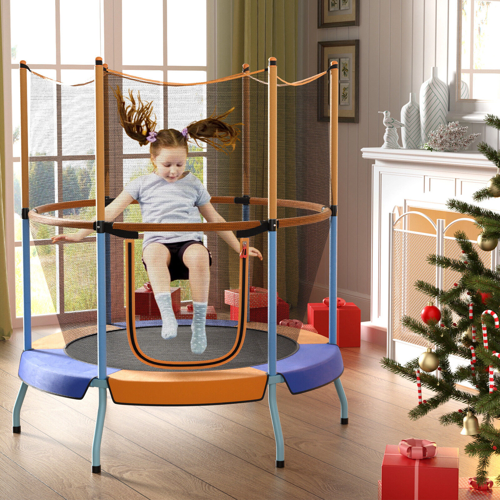 SUGIFT 48-in Toddler Trampoline with Safety Enclosure Net 265-lb Capacity Ages 3-6 Years 52-in Frame Blue and Orange