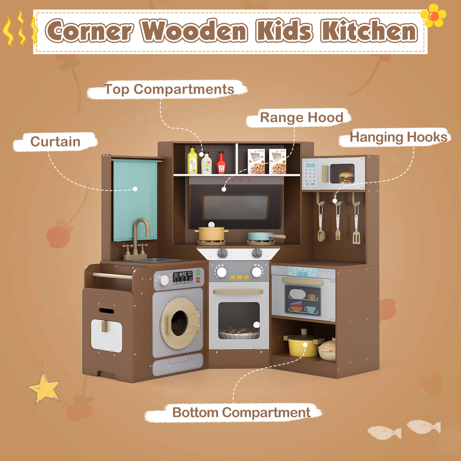 SUGIFT Corner Kitchen Toys with Lights and Sounds with Pull-Out Trash Can and Stoves Ages 3+ Off White/Coffee/Pink