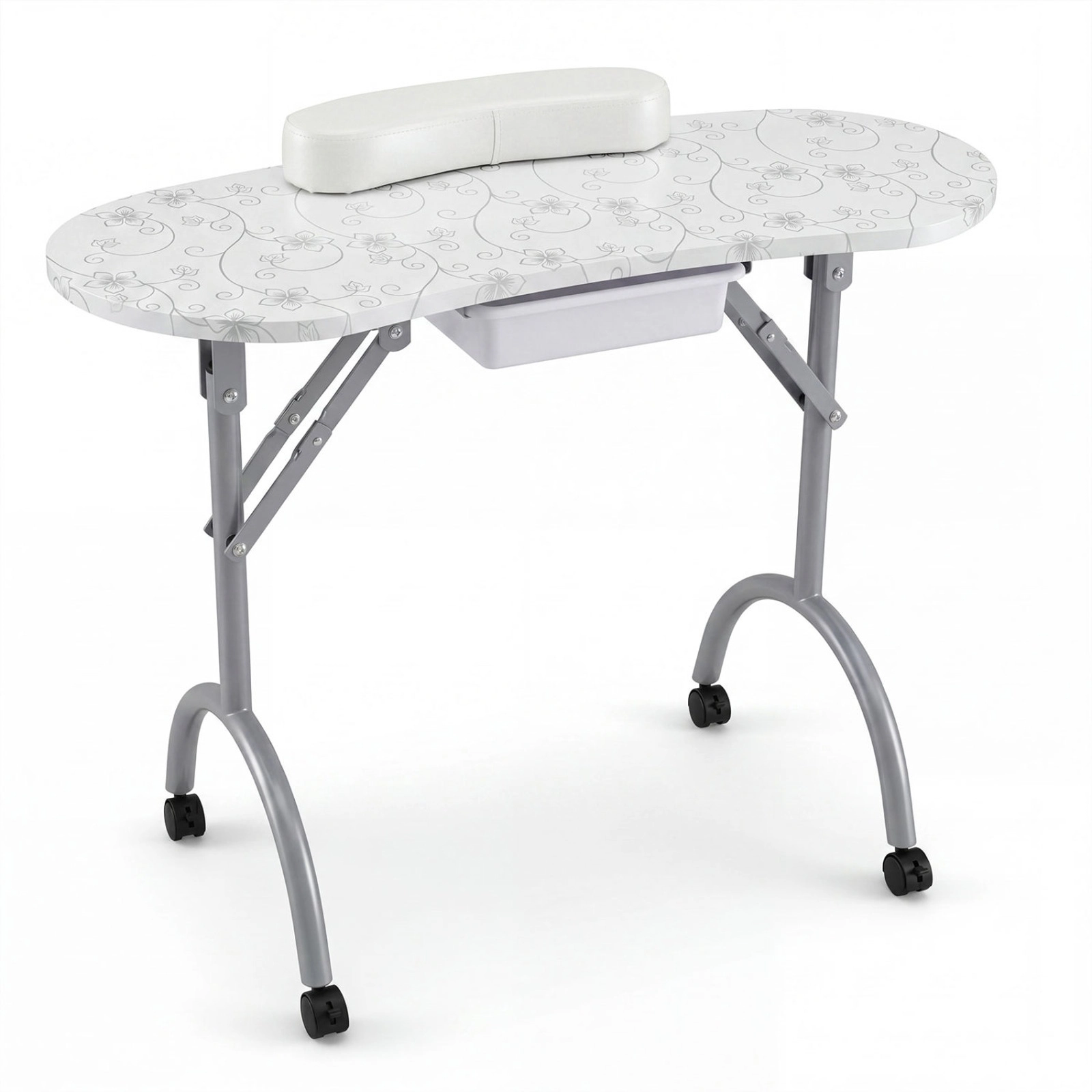 SUGIFT Folding Legs Carry Bag Wrist Rest Drawer 4 Lockable Casters Manicure Nail Desk 35.5-in x 14.5-in x 27-in White