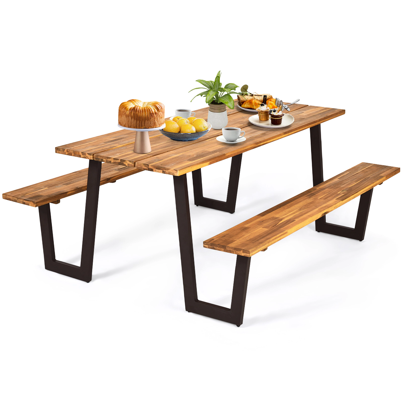 SUGIFT 70-In Acacia Wood Picnic Table Set with Two Benches and Umbrella Hole
