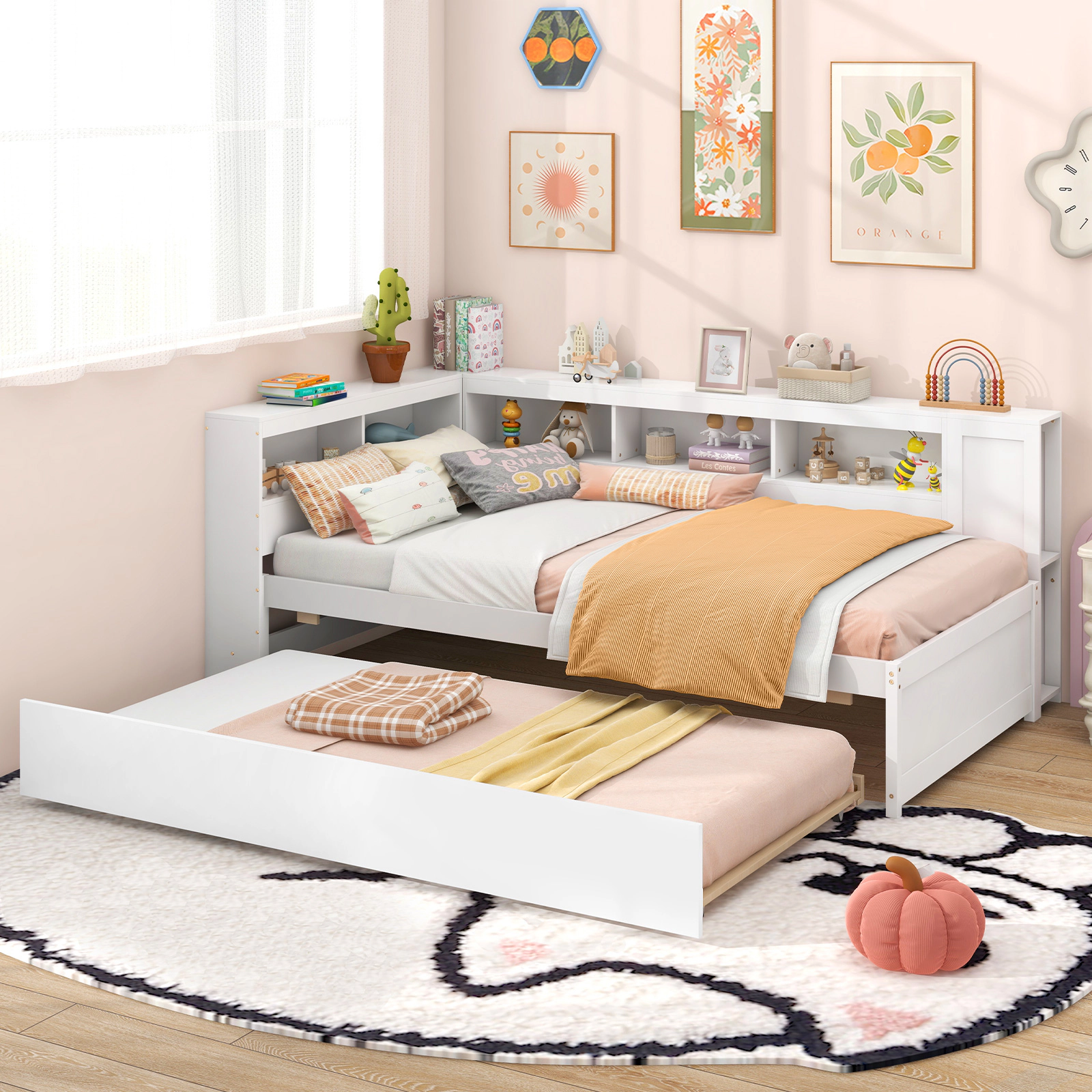 SUGIFT White Trundle Reversible Bookcase Headboard and Storage Twin Kids Daybed Frame