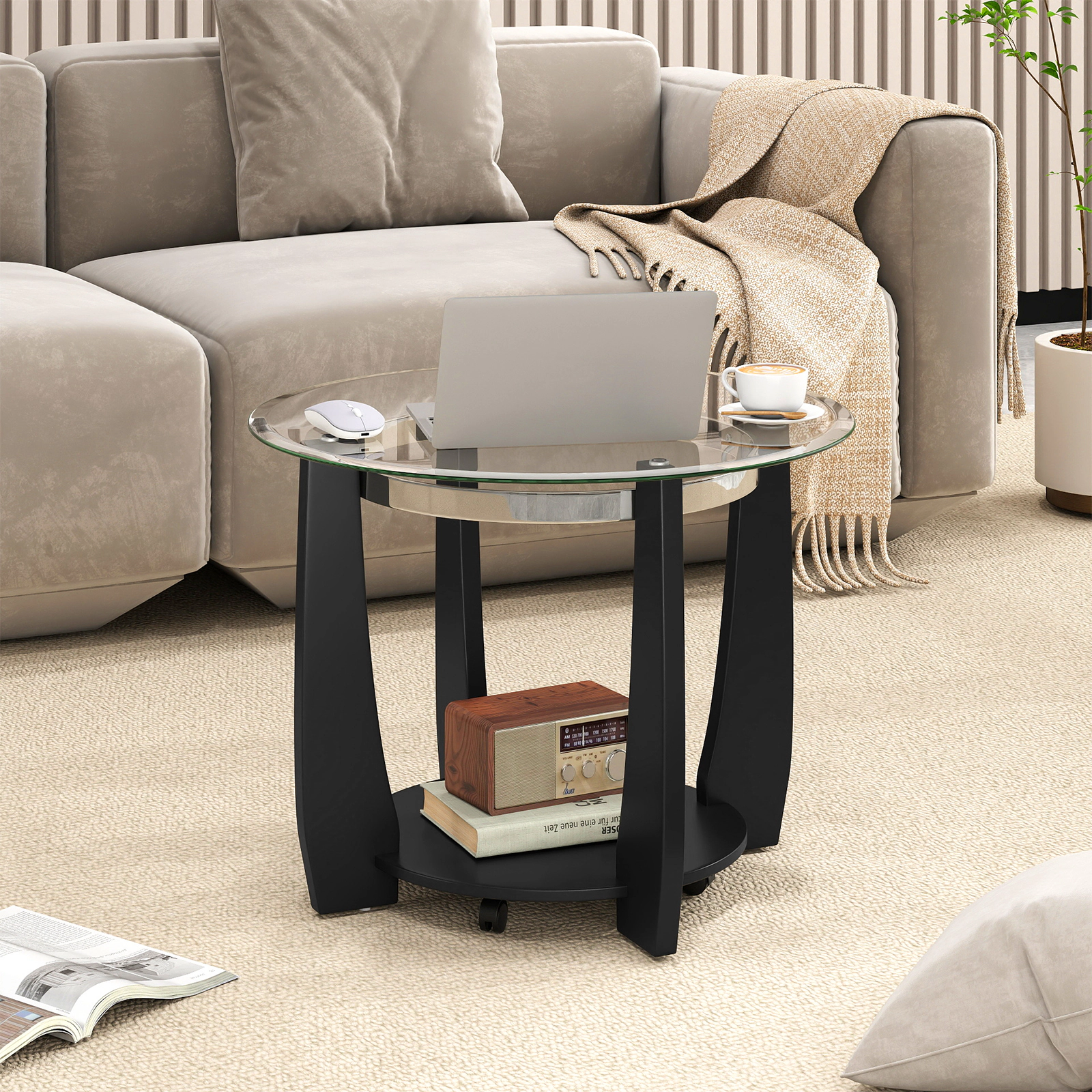 SUGIFT 2-Tier Round Tempered Glass Top Wood Legs 4 Wheels Coffee Table 32-in x 32-in x 20.5-in 300-lb Capacity Black
