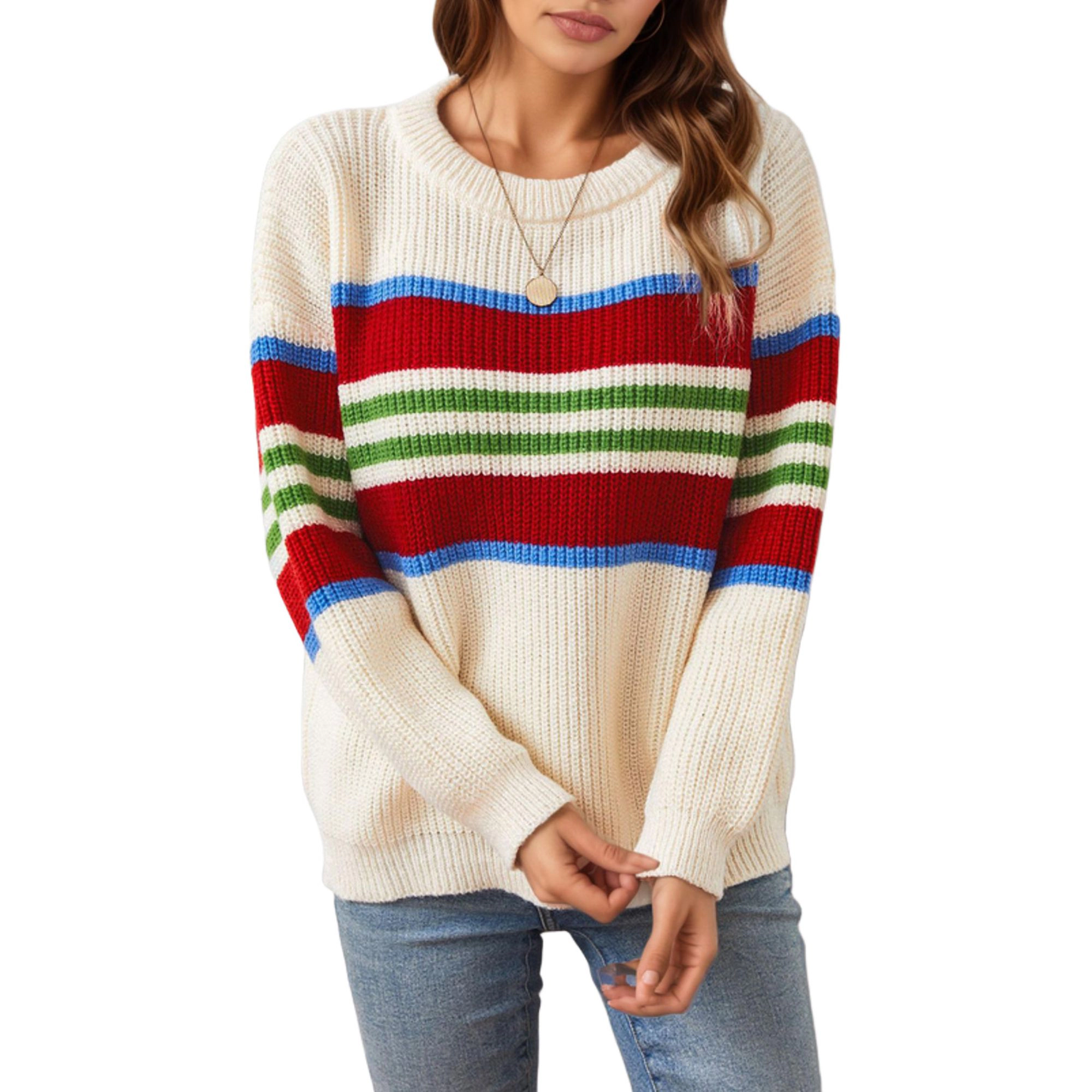Anna-Kaci Women's Long Sleeve Striped Knit Sweater with Crew Neck and Relaxed Fit