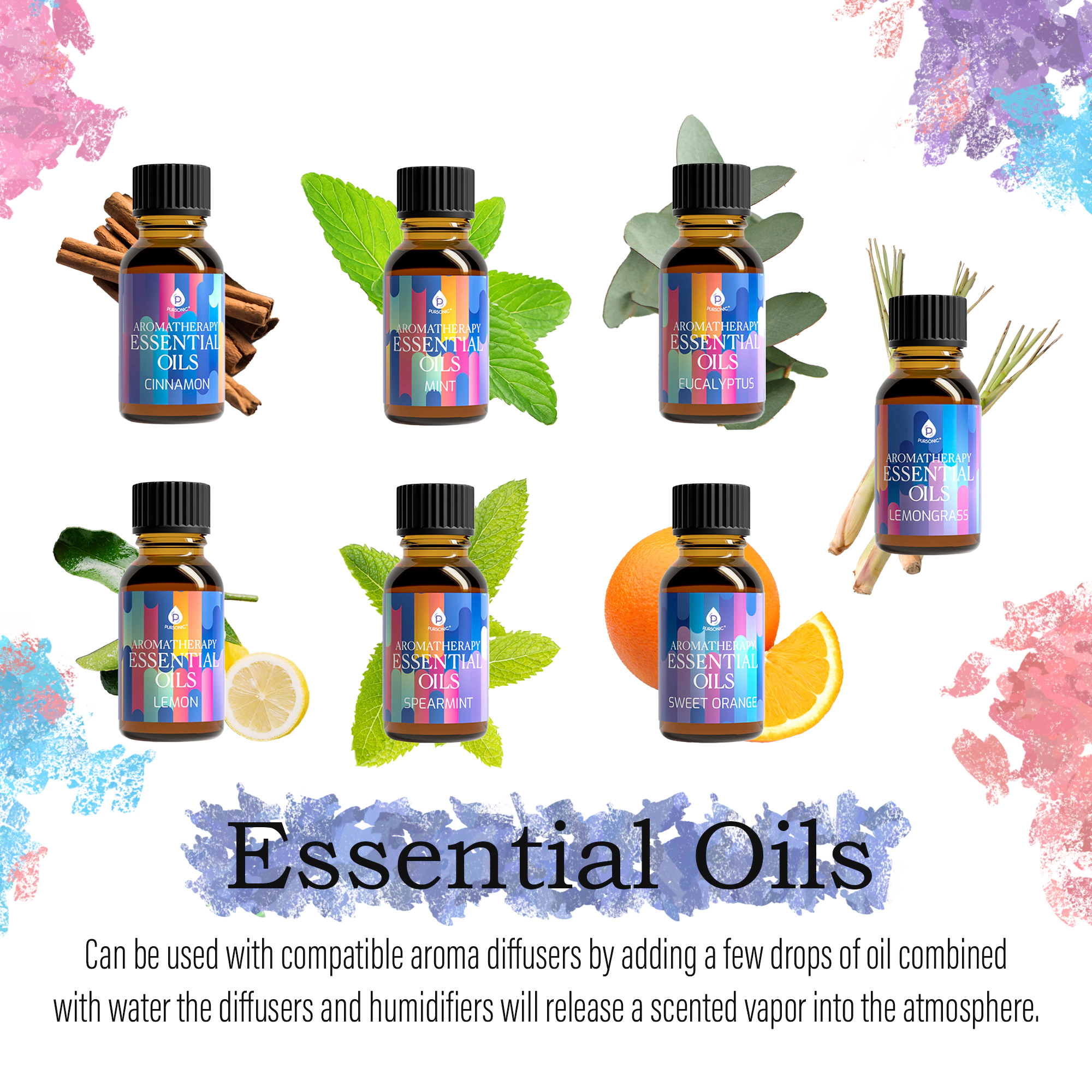 Pursonic Unisex 100% Pure Aromatherapy Essential Oil Gift Set Collection Bundle