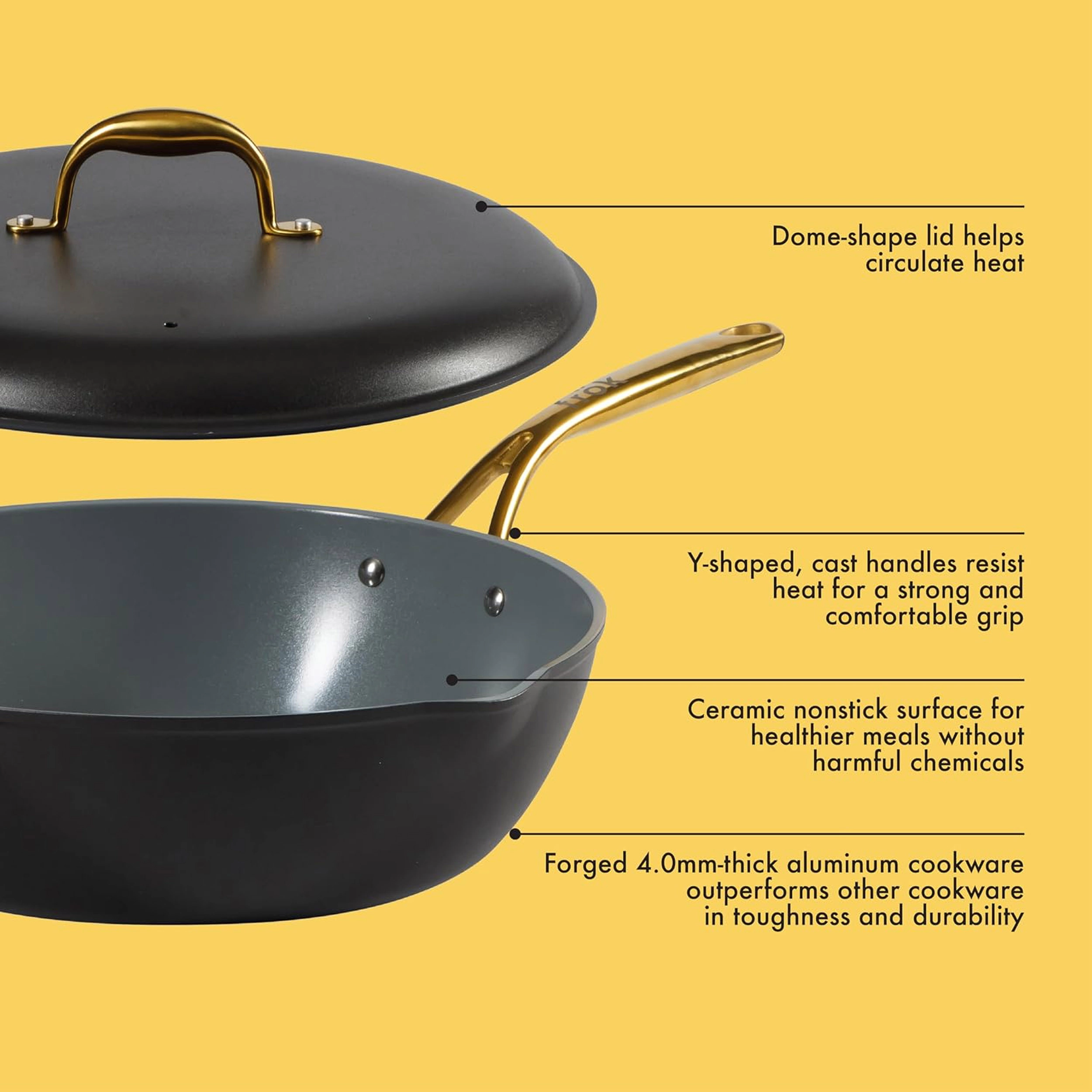 Frok 13 Inch Ceramic Nonstick Aluminum Frying Pan with Lid in Black with Gold Handles